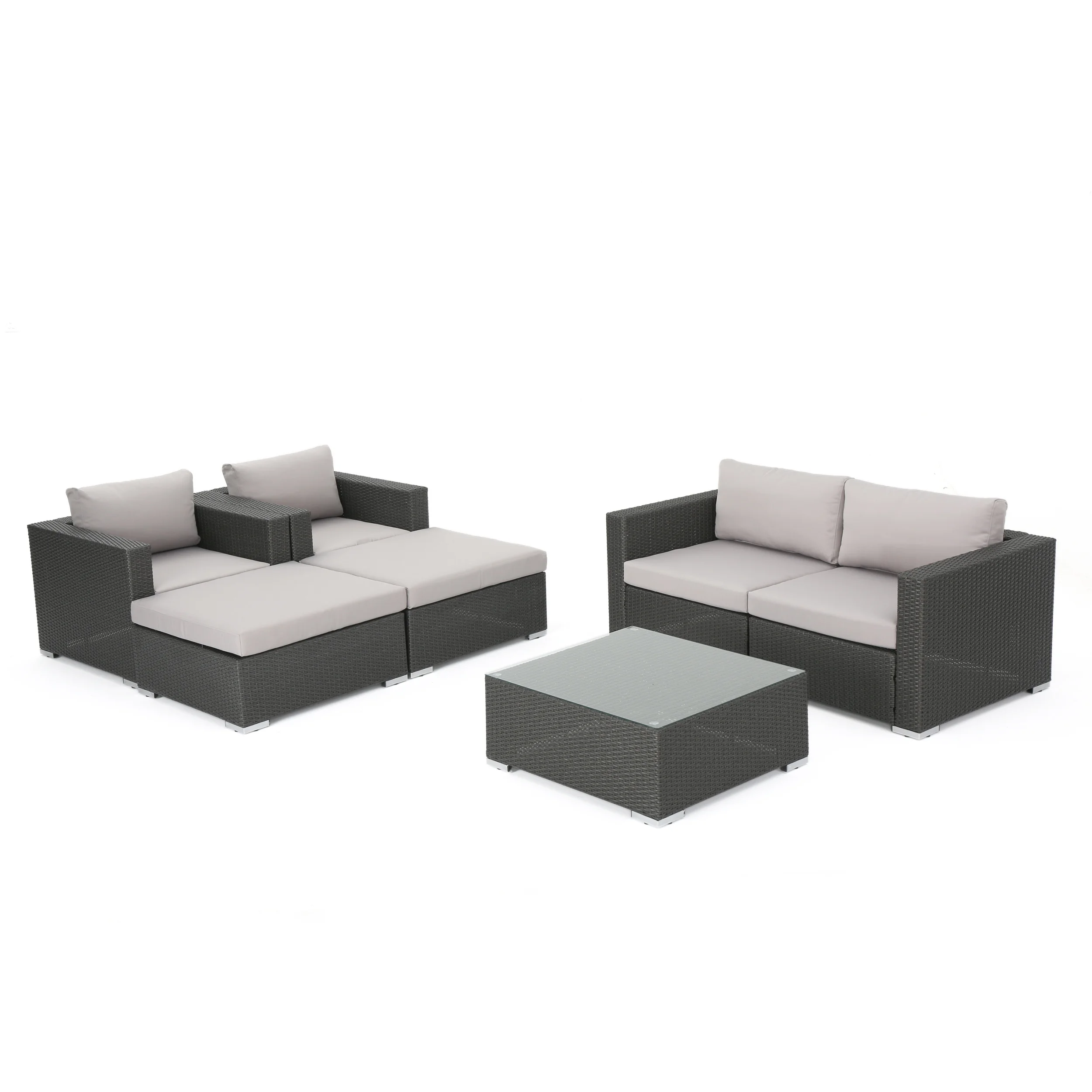 Faviola Outdoor 4 Seater Wicker Chat Set with Aluminum Frame and Cushions, Grey, Silver