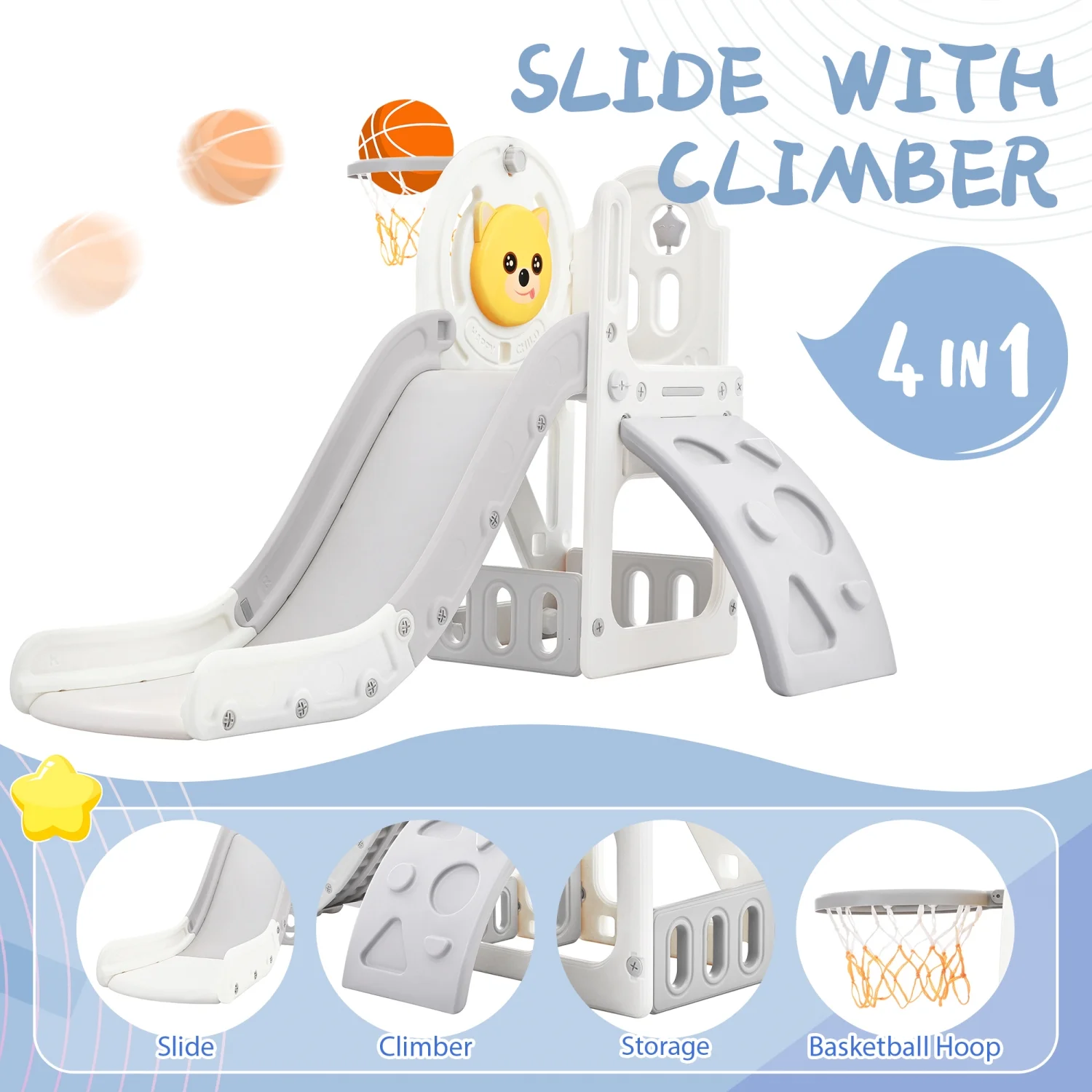 Outdoor and Indoor Kids Playground Climber Freestanding Slide Playset with Basketball Hoop Play Combination - Toddler Climber and Slide Set 4 in 1  Perfect for Babies