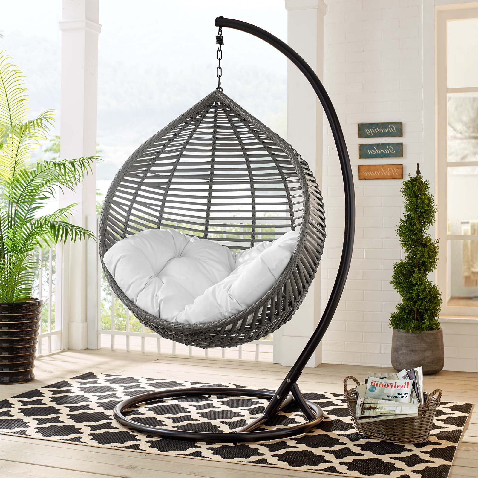 Contemporary Modern Urban Designer Outdoor Patio Balcony Garden Furniture Lounge Swing Chair, Fabric Steel Metal, Grey Gray White