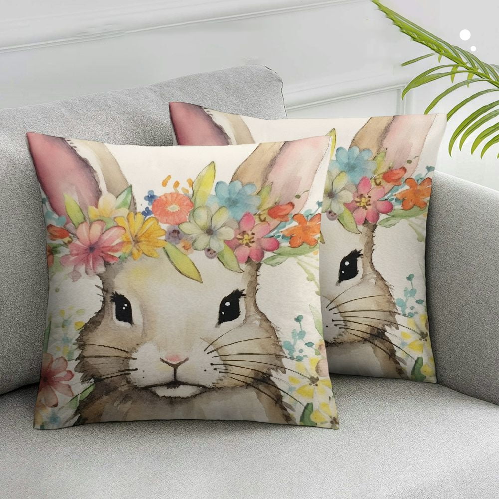 COMIO Spring Easter Pillow Covers Set of 2 Cute Bunny Rabbit Floral Easter Decorations Watercolor Pink Flower Butterfly Decorative Throw Pillow Cases Outdoor Farmhouse Decor for Sofa Couch Bed