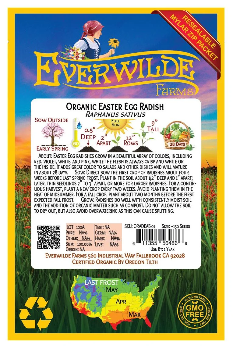 Everwilde Farms - 150 Organic Easter Egg Radish Seeds - Gold Vault Jumbo Bulk Seed Packet