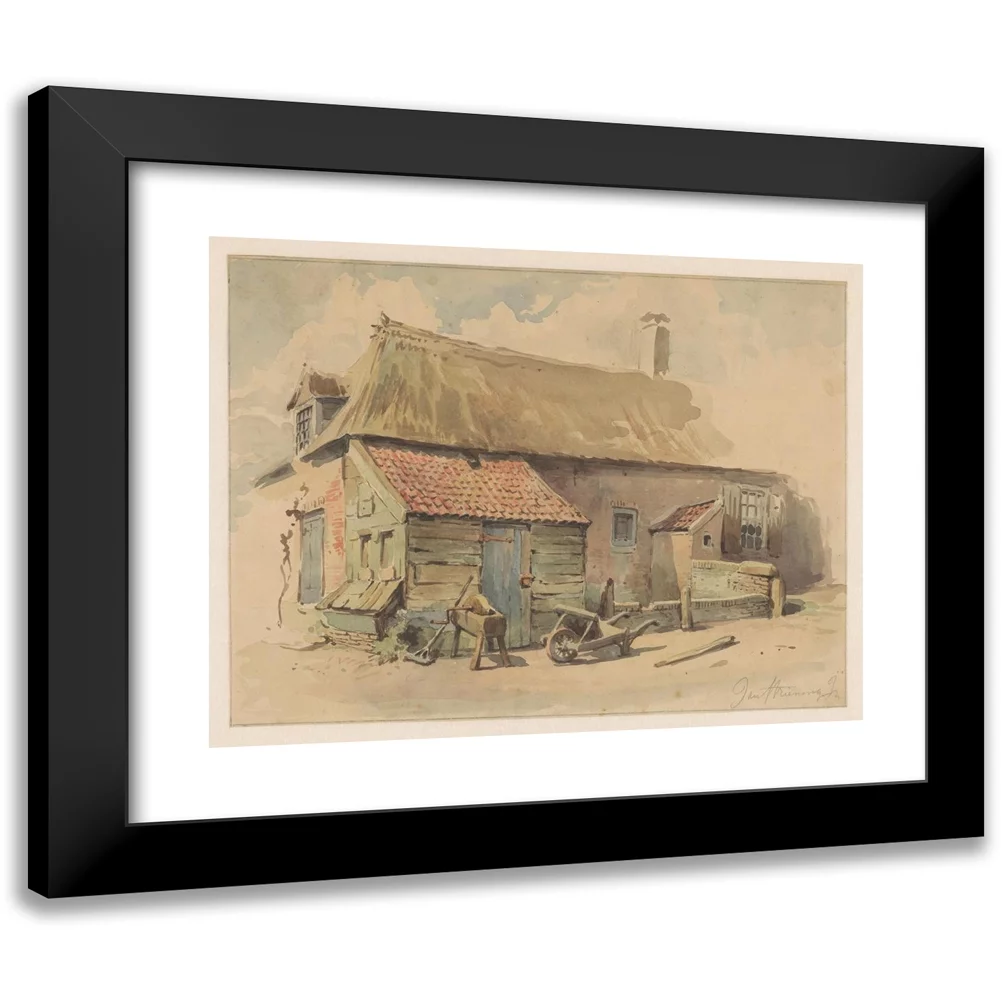 Jan Striening 14x12 Black Modern Framed Museum Art Print Titled - Farmhouse with Wooden Extension, a Wheelbarrow and a Grindstone (1837 - 1903)