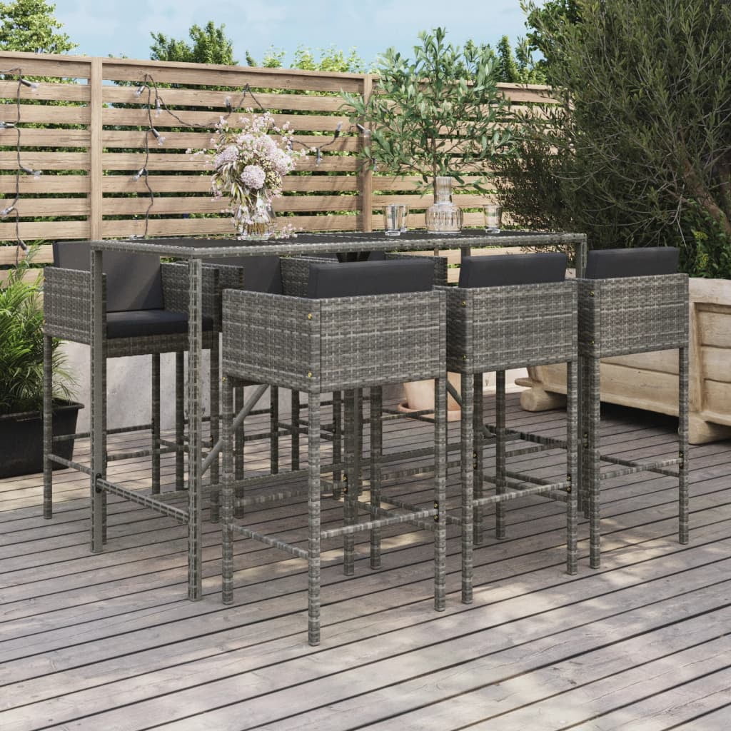 Dcenta 7 Piece Patio Bar Set with Cushions Gray Poly Rattan
