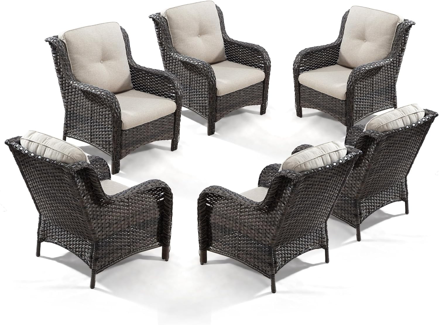 Patio Wicker Chairs Set of 6, Patio Rattan Dining Chairs with 3.5-inch Seat Cushions, High Back and Curved Armrest for Garden, Backyard, Balcony and Deck, Beige