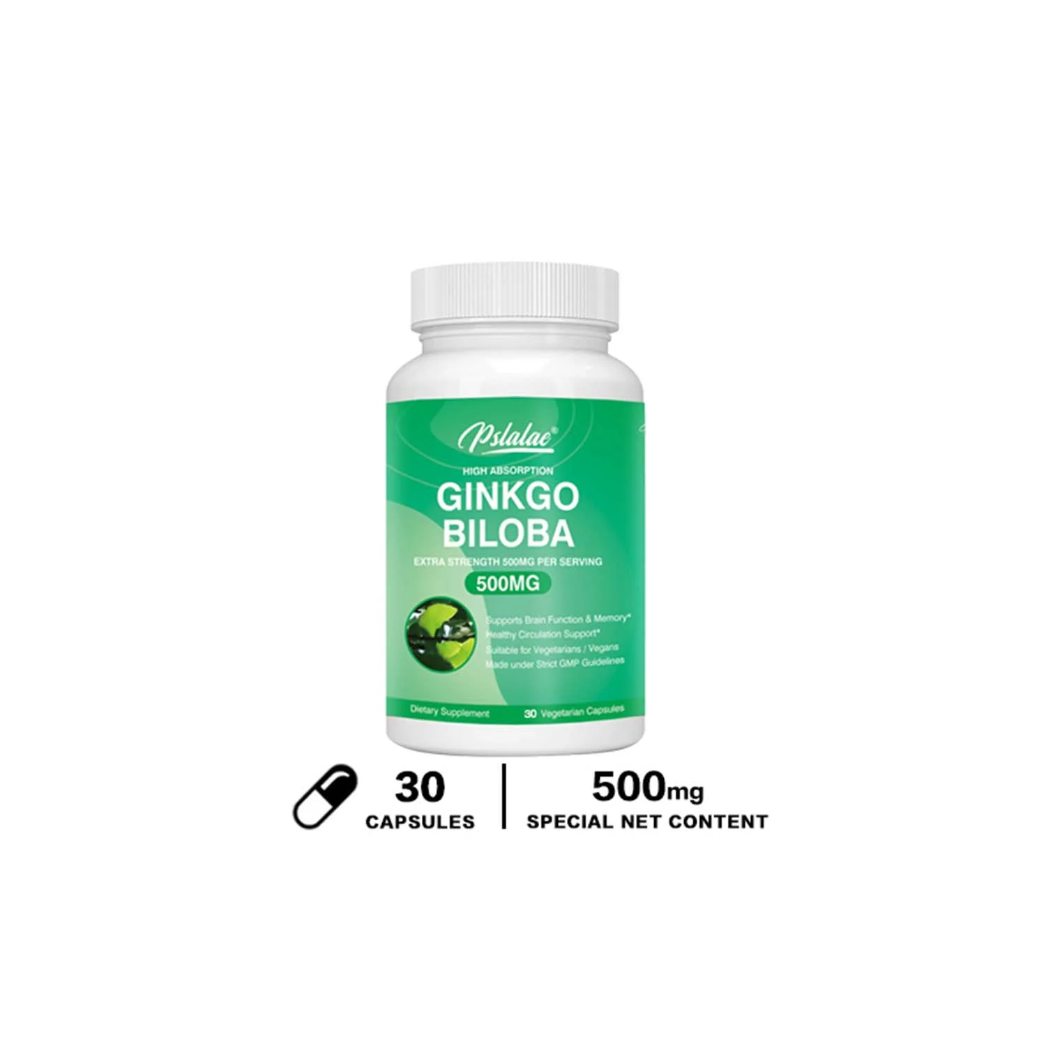 Pslalae Ginkgo Biloba Capsules 500mg - Memory Mental Focus Brain Boosting Supplements (30/60/120pcs)