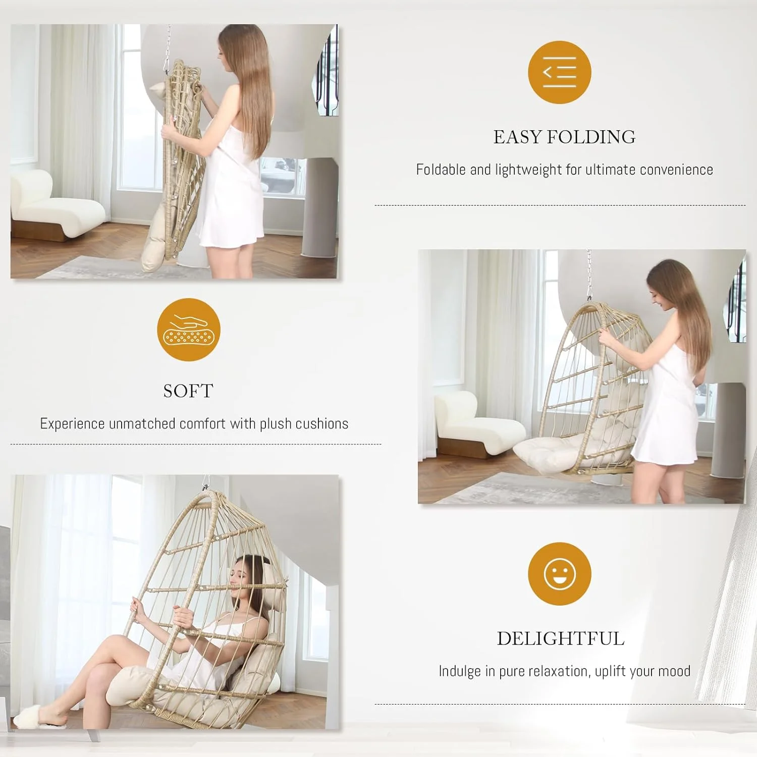 CHIDSL TUIONMJ Indoor Outdoor Wicker Hanging Egg Chair Without Stand Patio PE Rattan Tree TUIONMJ Hammock Egg Chairs TUIONMJ Stand UV Resistant Cushions (Beige)