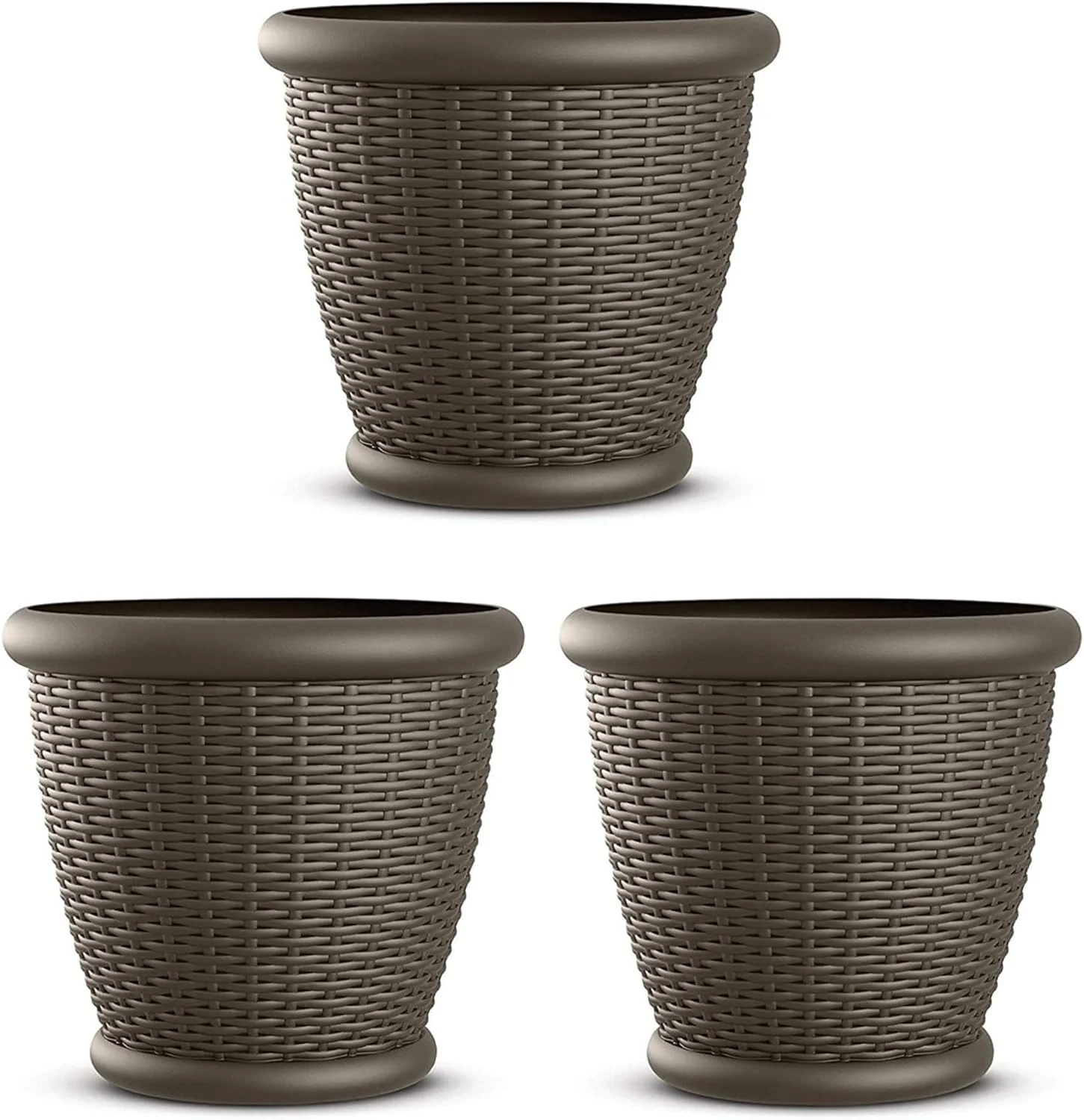 18 in Round Decorative Plastic Wicker Style Planter Flower Plant Pot with Drillable Drainage Holes for Indoor or Outdoor Use, Brown (3 Pack)