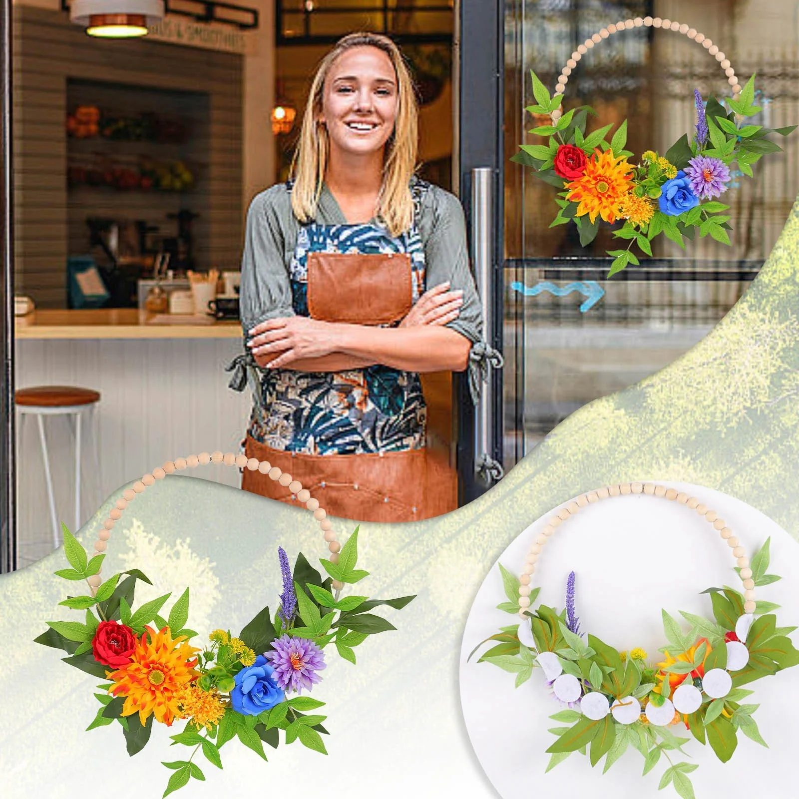 Creative Wooden Beads Flower Hoop Door Hanging Spring And Summer Garland Wreath Hanging Decoration Outdoor Shooting Props Farmhouse Front Door Wreath Decoration