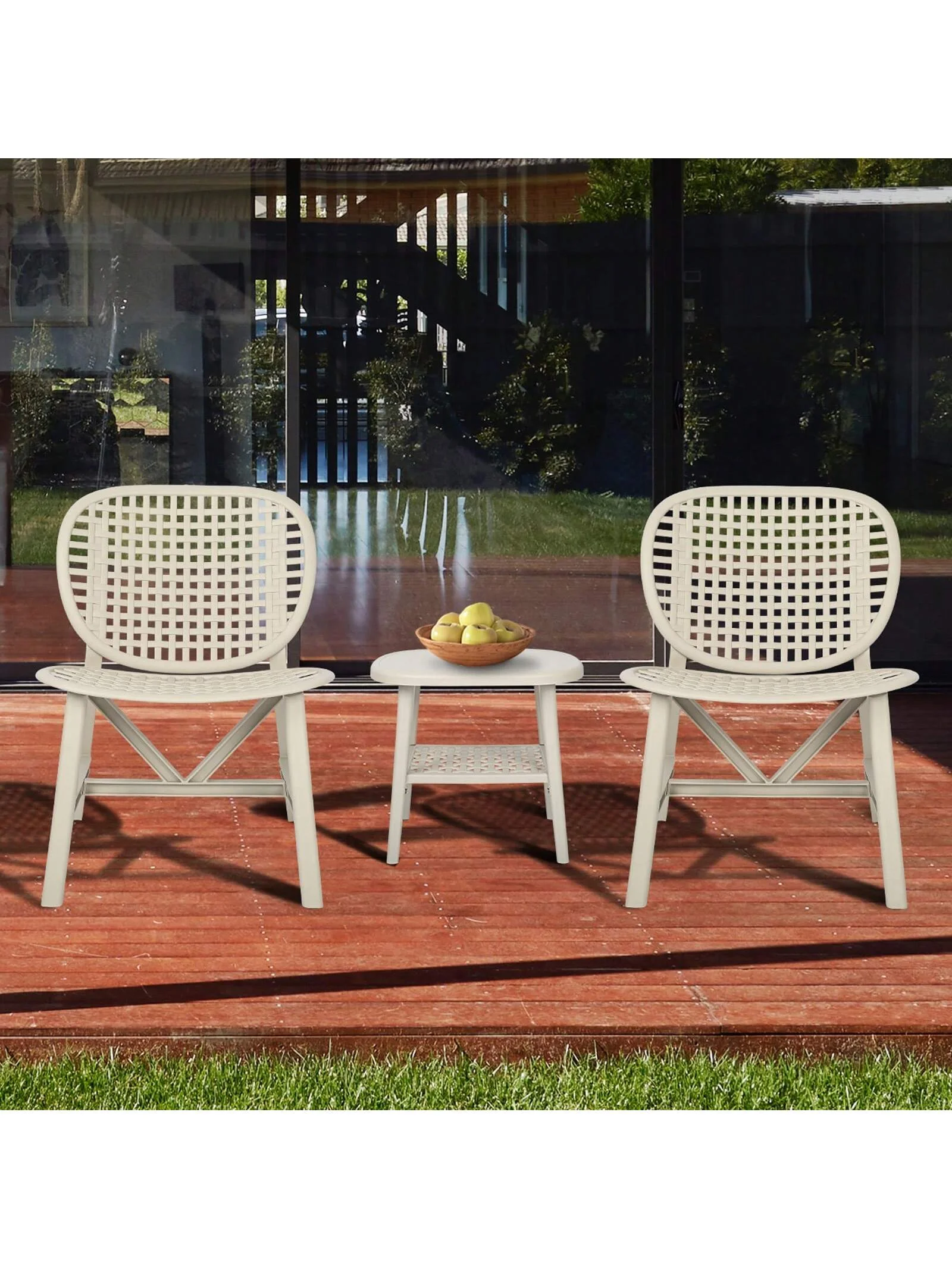 3 Pieces Hollow Design Retro Patio Table Chair Set All Weather Conversation Bistro Set Outdoor Table with Open Shelf and Lounge Chairs with Widened Seat for Balcony Garden Yard White