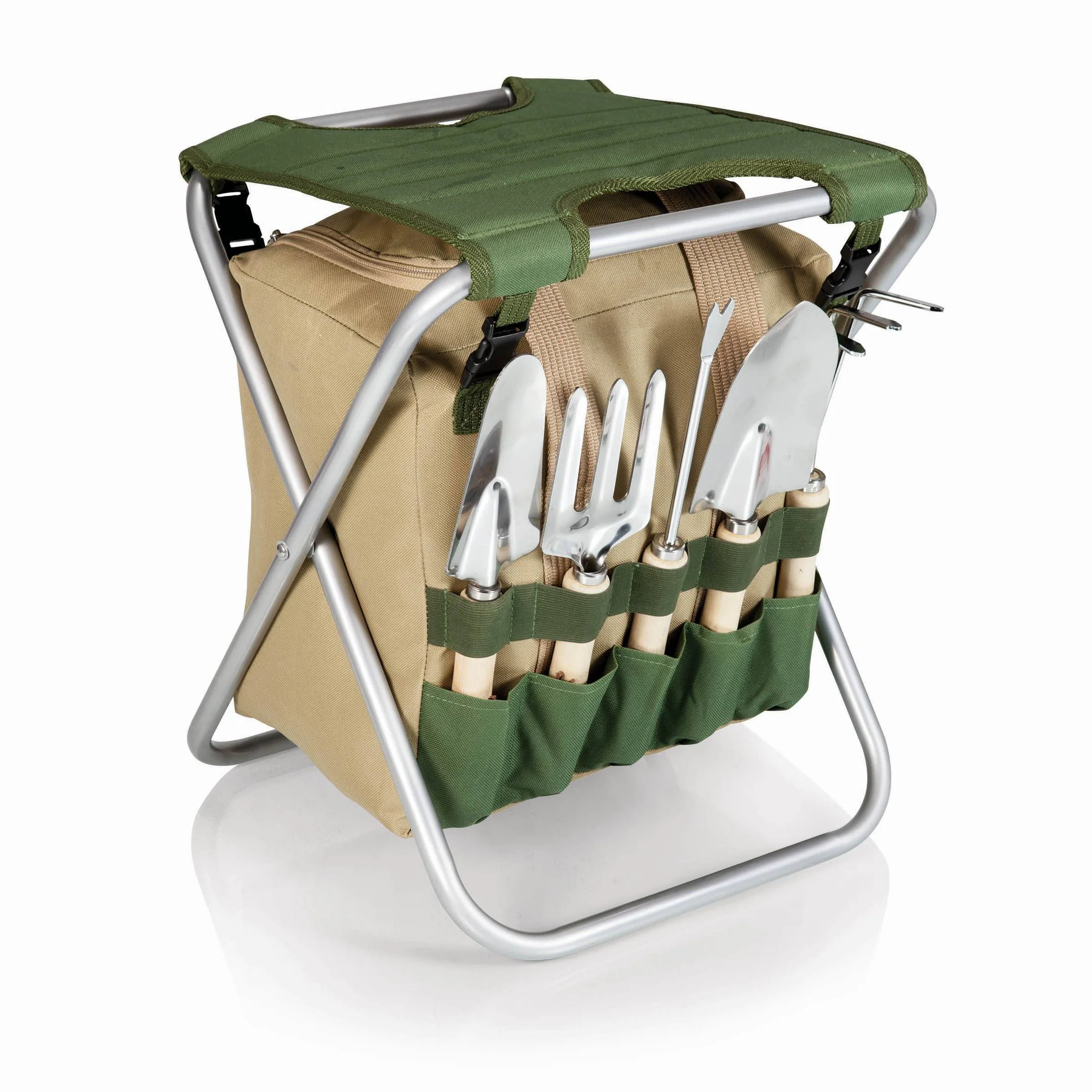 5pc Garden Tool Set with Tote And Folding Seat - Olive Green