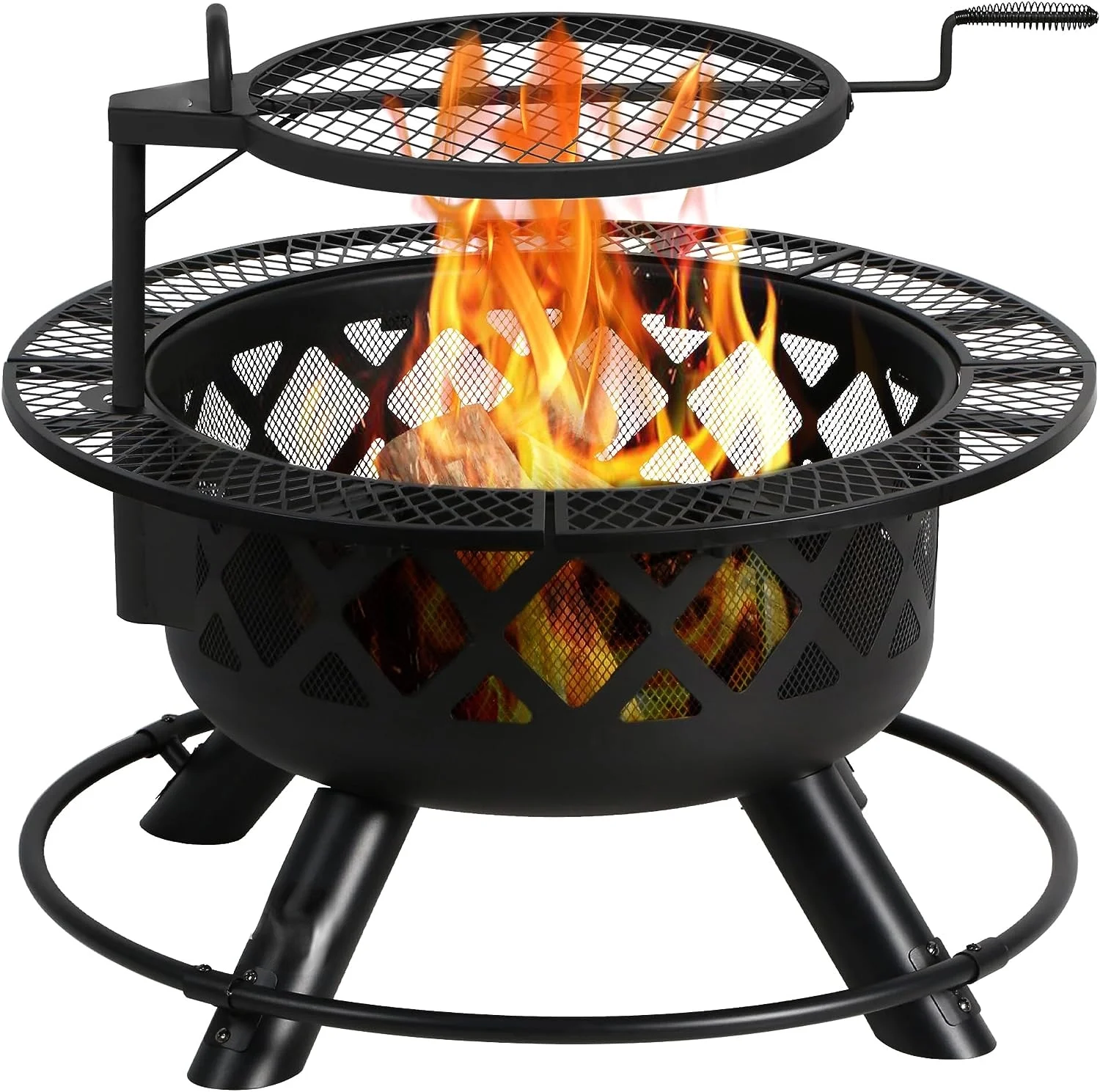Wood Burning Fire Pit with Quick Removable Cooking Grill, Black, 32in