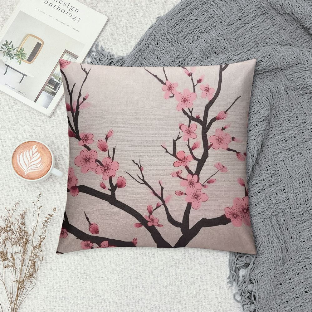 Wuche  Spring Pillow Decorative Throw Pillow Covers  Pink Chinese Cherry Blossom Flower Japan Plum Branch Double Sided Square Pillow Cases Pillowcase Sofa Cushion White