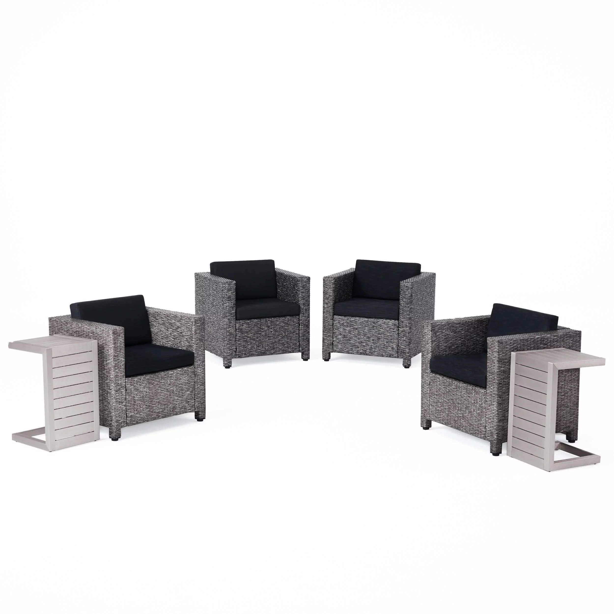 Cascada Outdoor 6 Piece Wicker Club Chairs with Cushions and Aluminum C-Shaped Tables, Dark Grey, Mixed Black