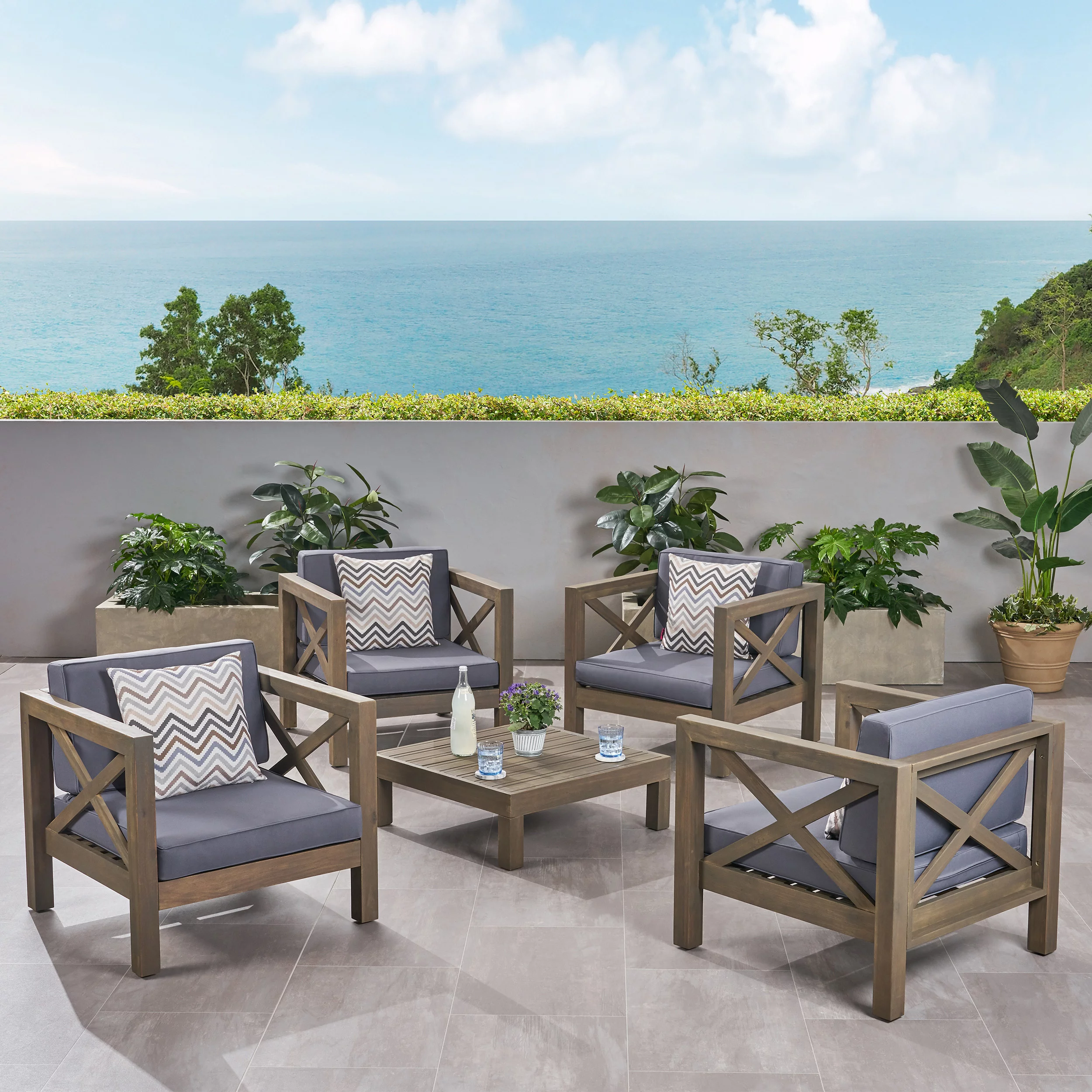 Noble House Brava Outdoor 4 Seater Club Chair & Coffee Table Set Gray