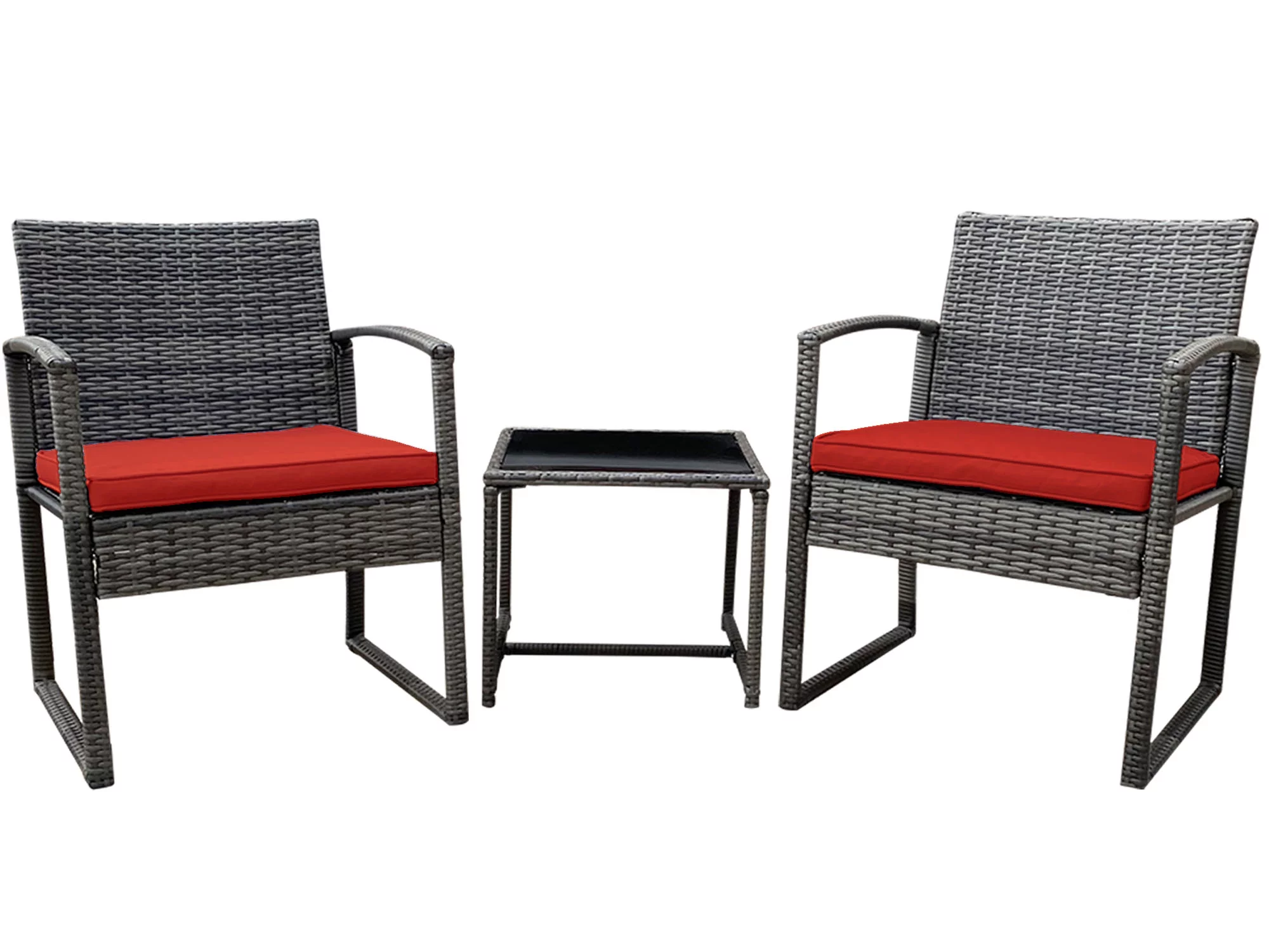 Bambina 3-Piece Stylish Rattan Bistro Furniture Set -2 Chairs With Perfect Solid Glass Tea Table - Red