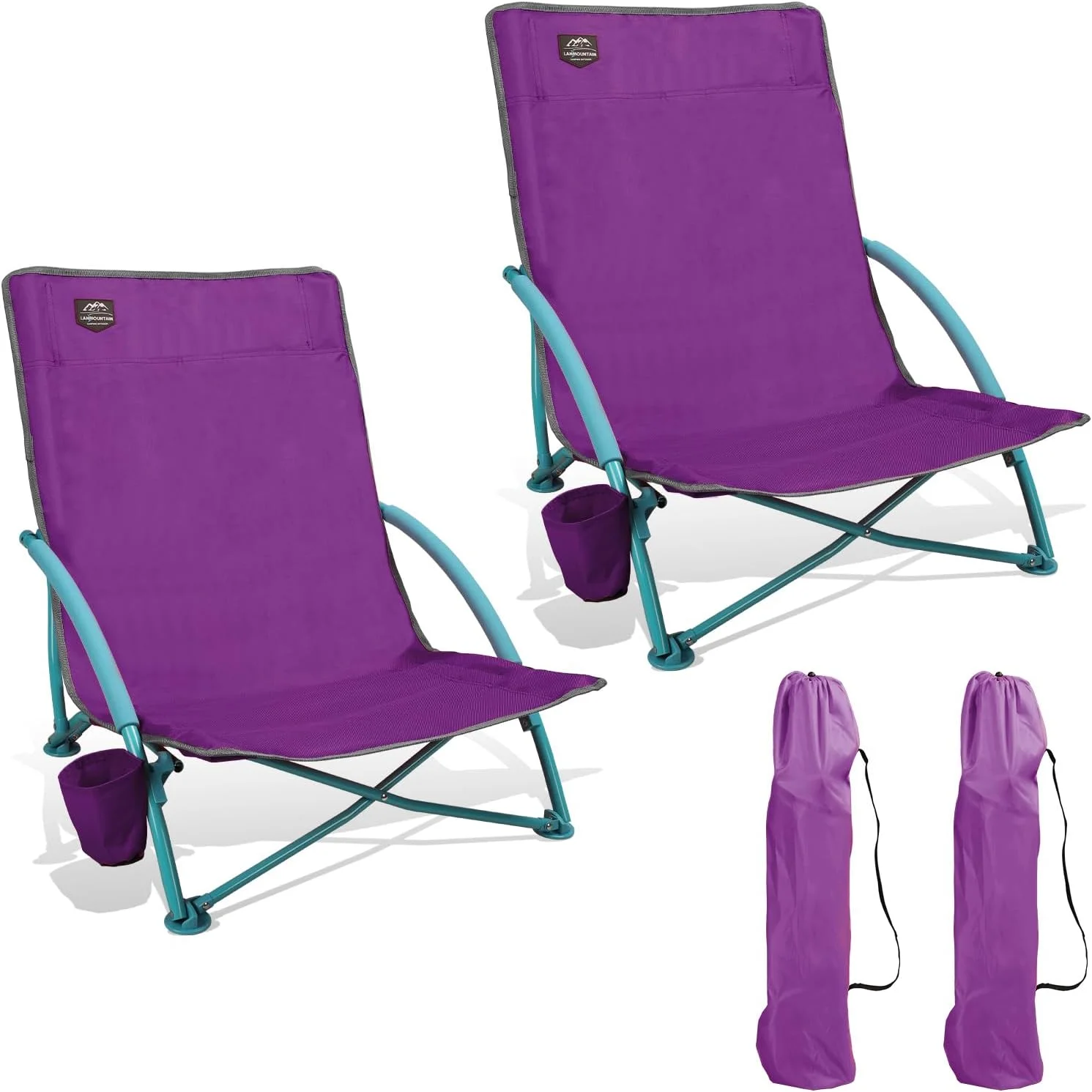 2 Pack Low Beach Chair,Folding Recliner Camping Chair for Adults,Lightweight Backpacking Low Seat Camping Chairs with Cup Holder, Carry Bag for Outdoor Camp Lawn Picnic Festival,Purple
