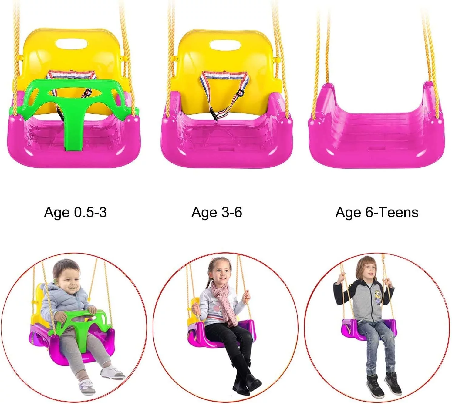 AIPINQI 3-in-1 Kids Swing Seat,Secure Swing Seat with High Back and T-Bar Detachable Swing Seat for Playground Outdoor,Loaded up to 120kg for 3-10 Years Kids,Pink