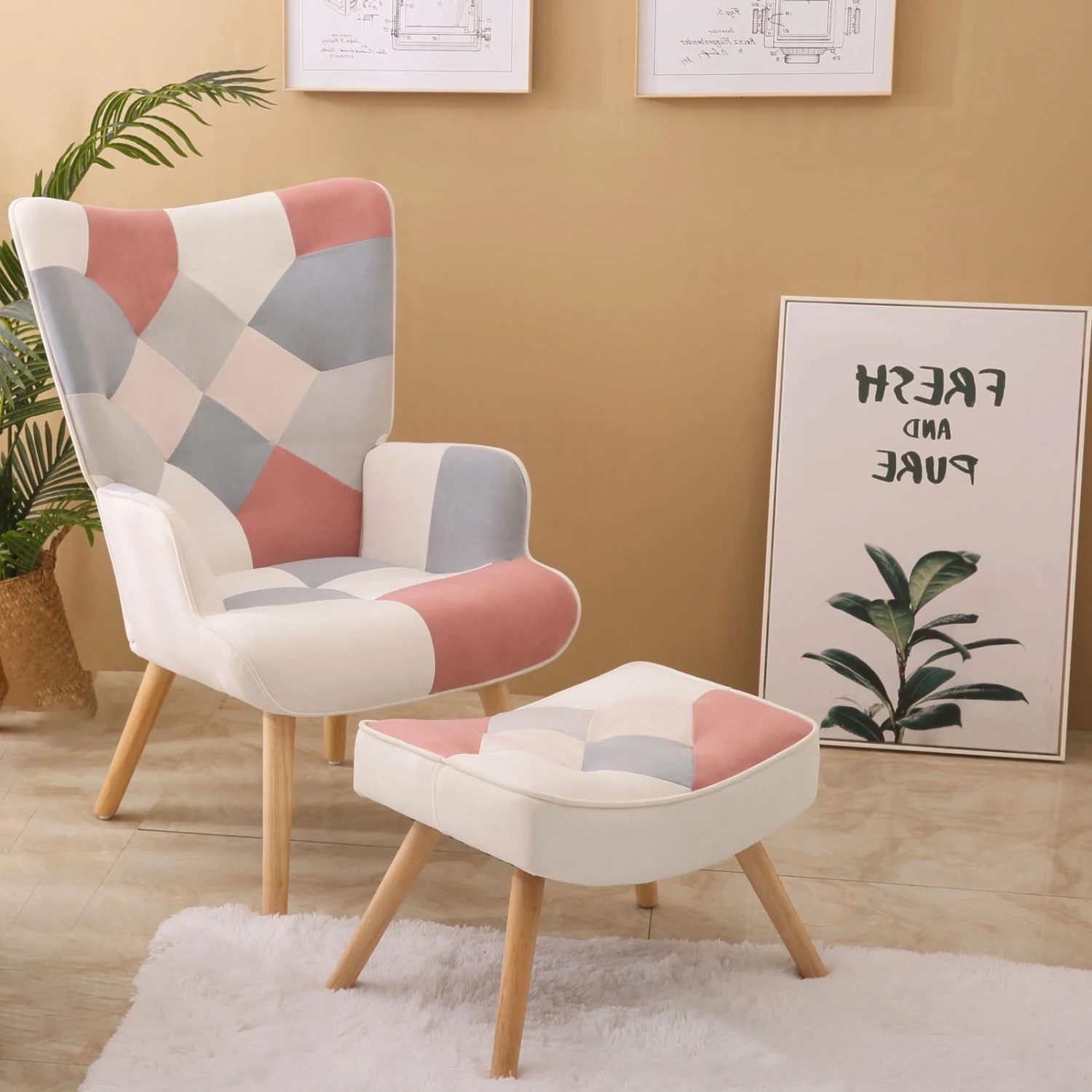 Modern Cozy Creative Splicing Accent Chair and Ottoman Set with Comfortable Cloth Surface  Stylish Side Armchair for Living Room and Bedroom Décor