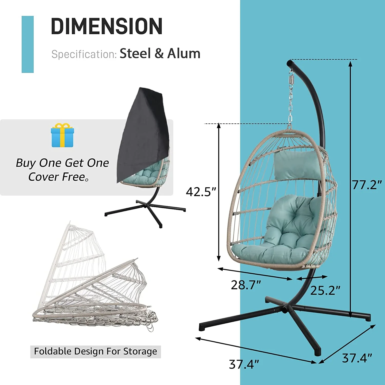 CHIDSL TUIONMJ Indoor Outdoor Egg TUIONMJ Chair with Stand  Patio Grey Wicker Rattan Hanging Chair with Rope Back  Cushion Cover All Weather Foldable Hammock Chair for Bedroom  Porch  Gar