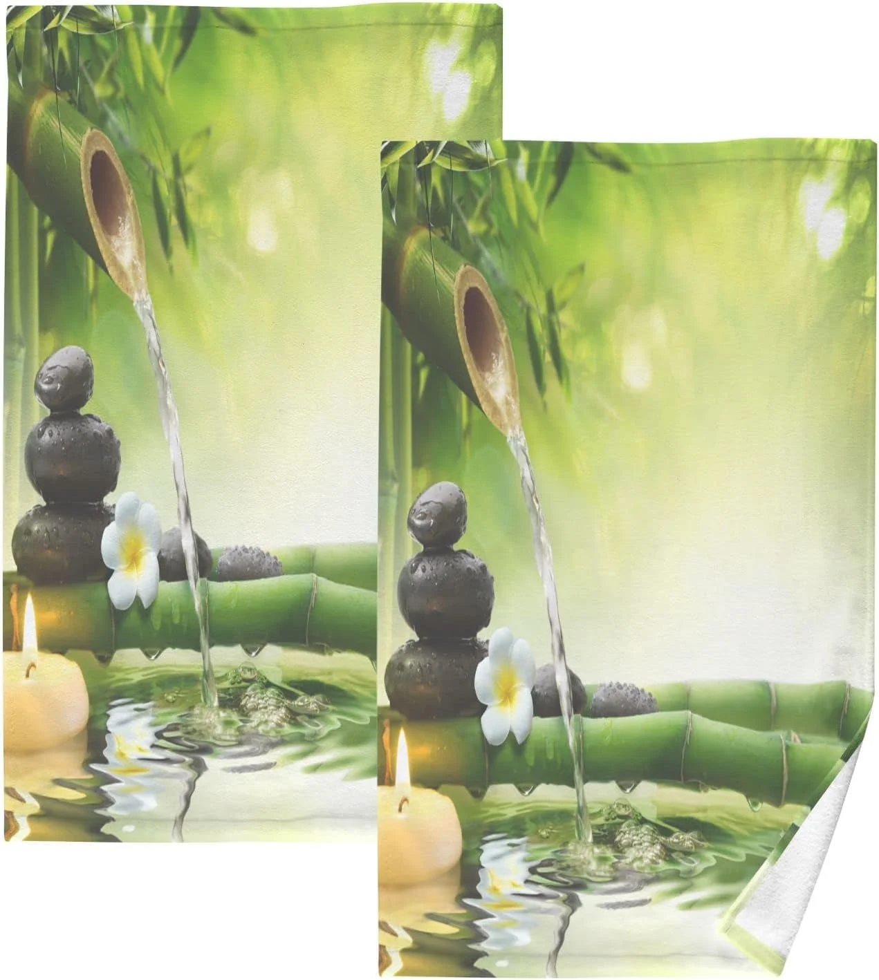 Bestwell Bamboo Stalks Candle and Basalt Stones Print Pure Cotton Hand Towels for Bath Decorative Guest Towels Fingertip Towels for Bathroom Spa Gym, 2-Piece, 16 x 28 inches（215）