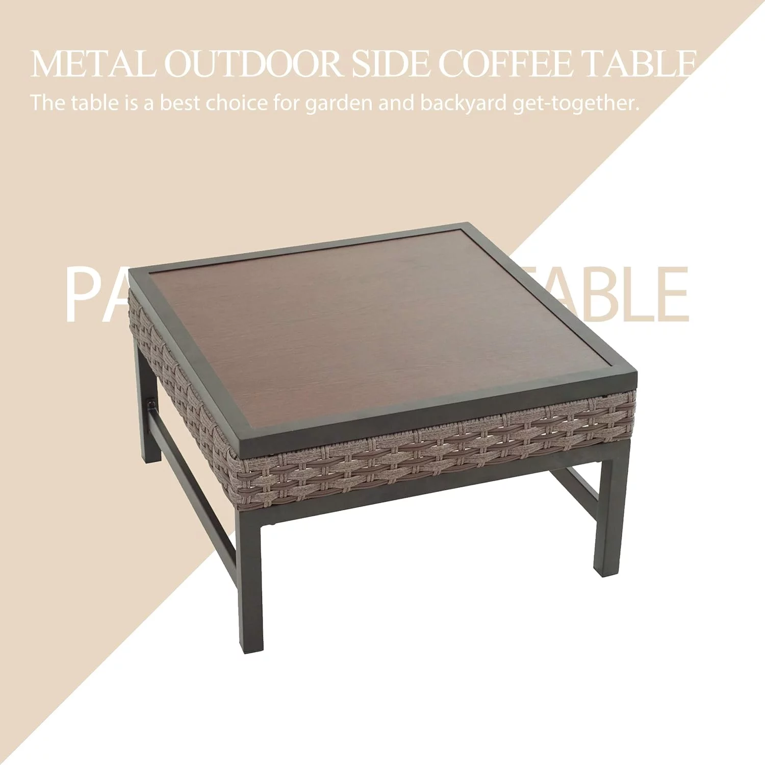 Outdoor Patio Dining Square Bistro Coffee Side Slatted Metal Steel Wicker Frame Aluminum Plastic Plate Furniture End Table for Garden Lawn Poolside, Grey