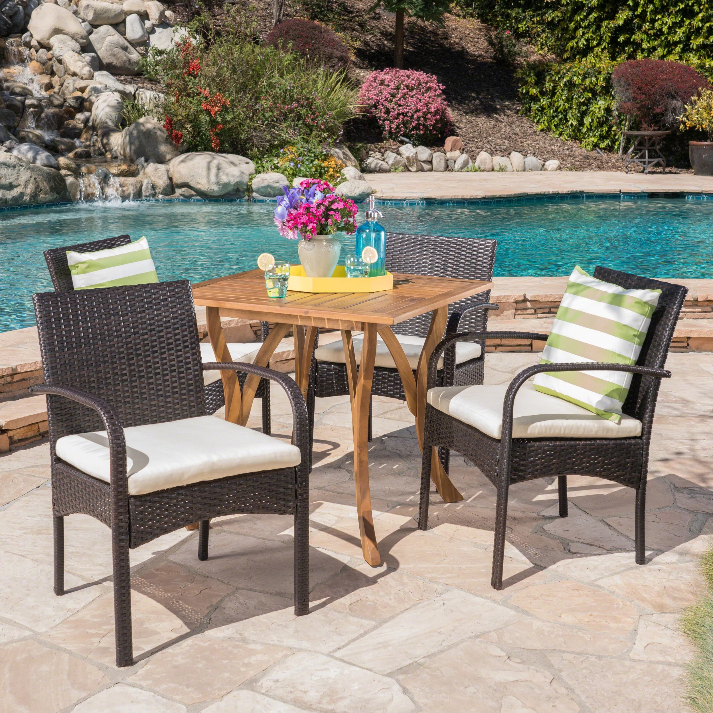 Hayden Outdoor 5 Piece Acacia Wood and Wicker Dining Set with Cushions, Teak, Multibrown, Crème