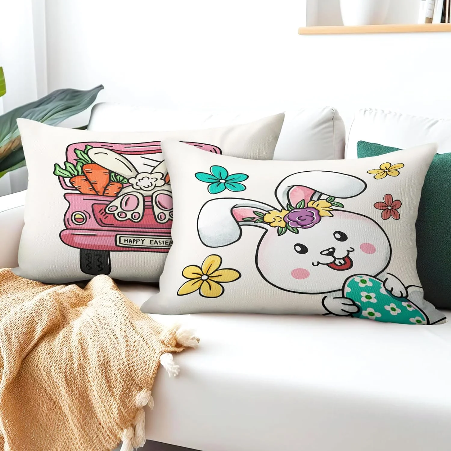 GZHJMY Happy Easter Spring Eggs Rabbit Pillow Covers 12x20 Set of 2 Cartoon Cute Bunny Carrot Pink Truck Flowers Decorative Pillowcases Holiday Soft Linen Cushion Covers for Home Office Sofa