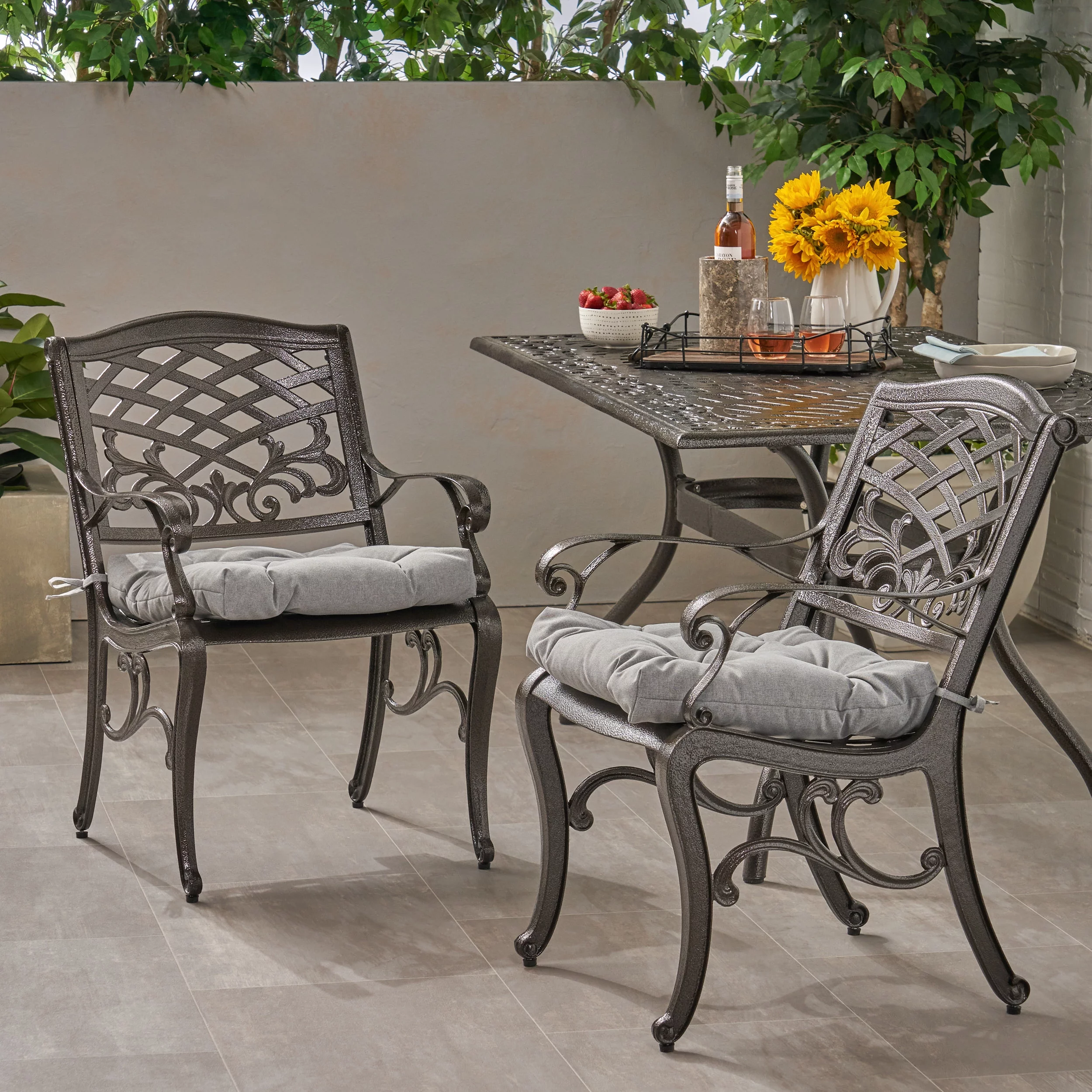 GDF Studio Laura Outdoor Dining Chair with Cushion (Set of 2), Hammered Bronze and Charcoal