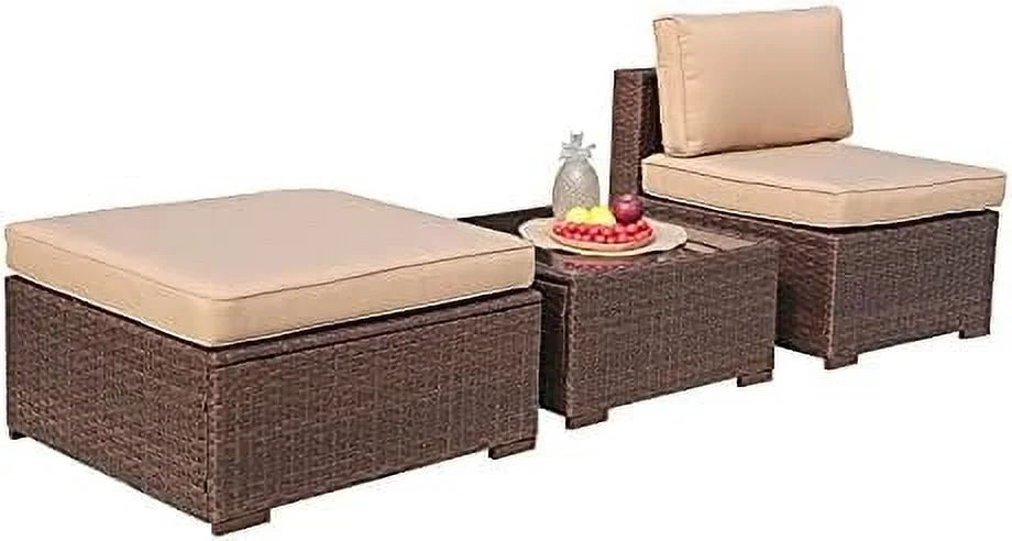 GFVCNIO 3 Piece Patio  Set  Outdoor Sectional Sofa  PE Wicker Rattan Conversation Set  All Weather Armless Chair and Ottoman with Coffee Table  Brown Wicker Beige Cushion