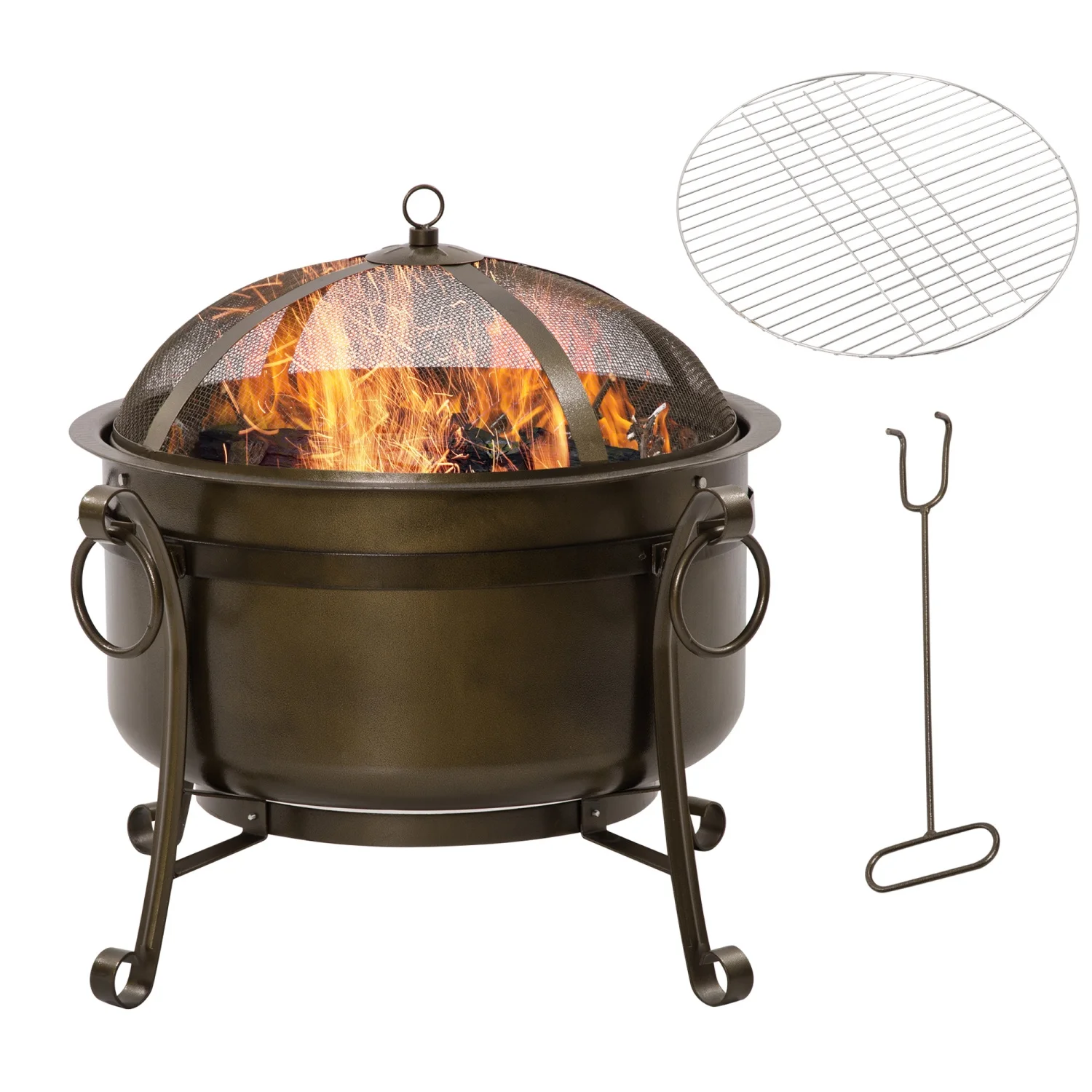 LEIYEHOOM 30” Outdoor Fire Pit Grill  Portable Steel Wood Burning Bowl  Cooking Grate  Poker  Spark Screen Lid for Patio  Backyard  BBQ  Camping  Bronze Colored