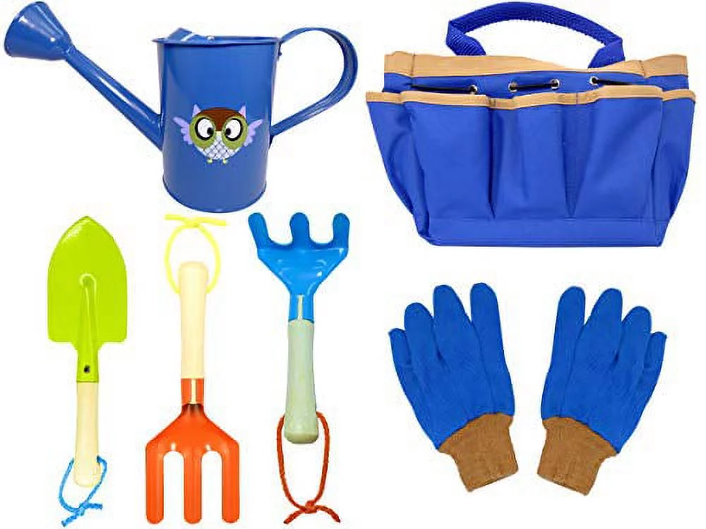 Eagle Eye Explorer Large Watering Can with Complete Kids Garden Set (Dark Blue Set with Tan Trim) Set 2