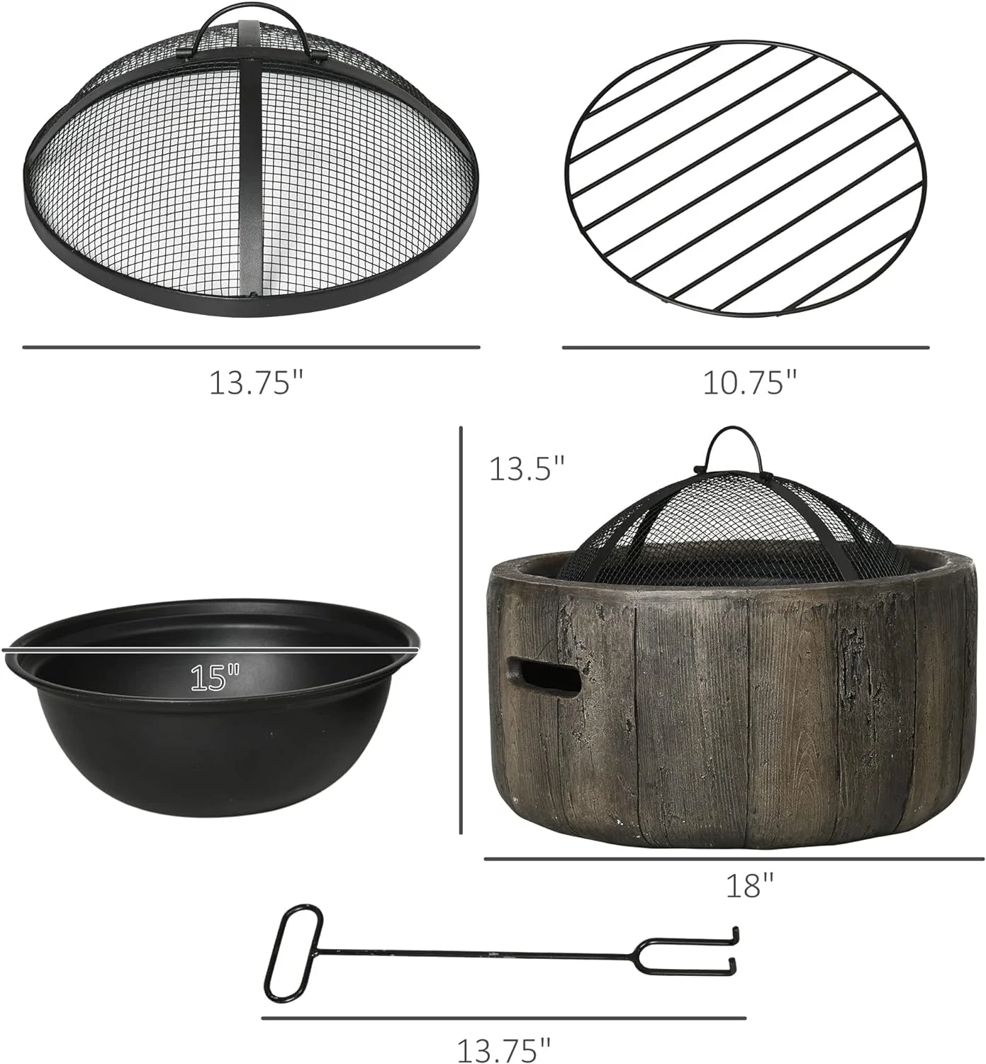 Outdoor Fire Pit, 18 Inch Metal Wood Burning Fireplace with Spark Cover, Poker, Woodgrain Design for Patio, Picnic, Backyard, Dark Brown