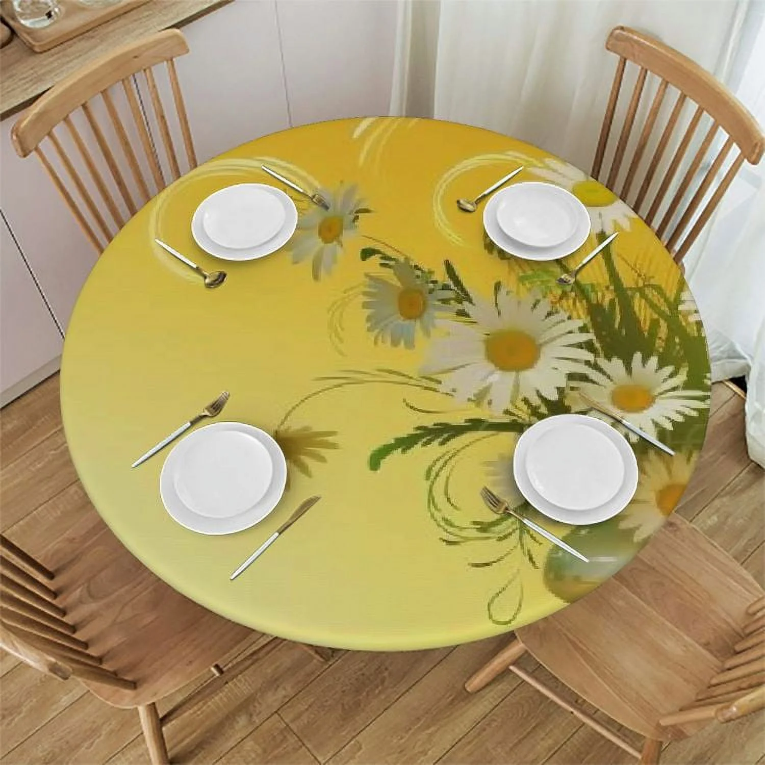 PRATYUS Curving Chamomile Flowers Flying Butterflies Print Edged Table Cover Round Tablecover Water Resistant Spill Proof Washable Table Cloth for Picnic Party Home Dinner Decor