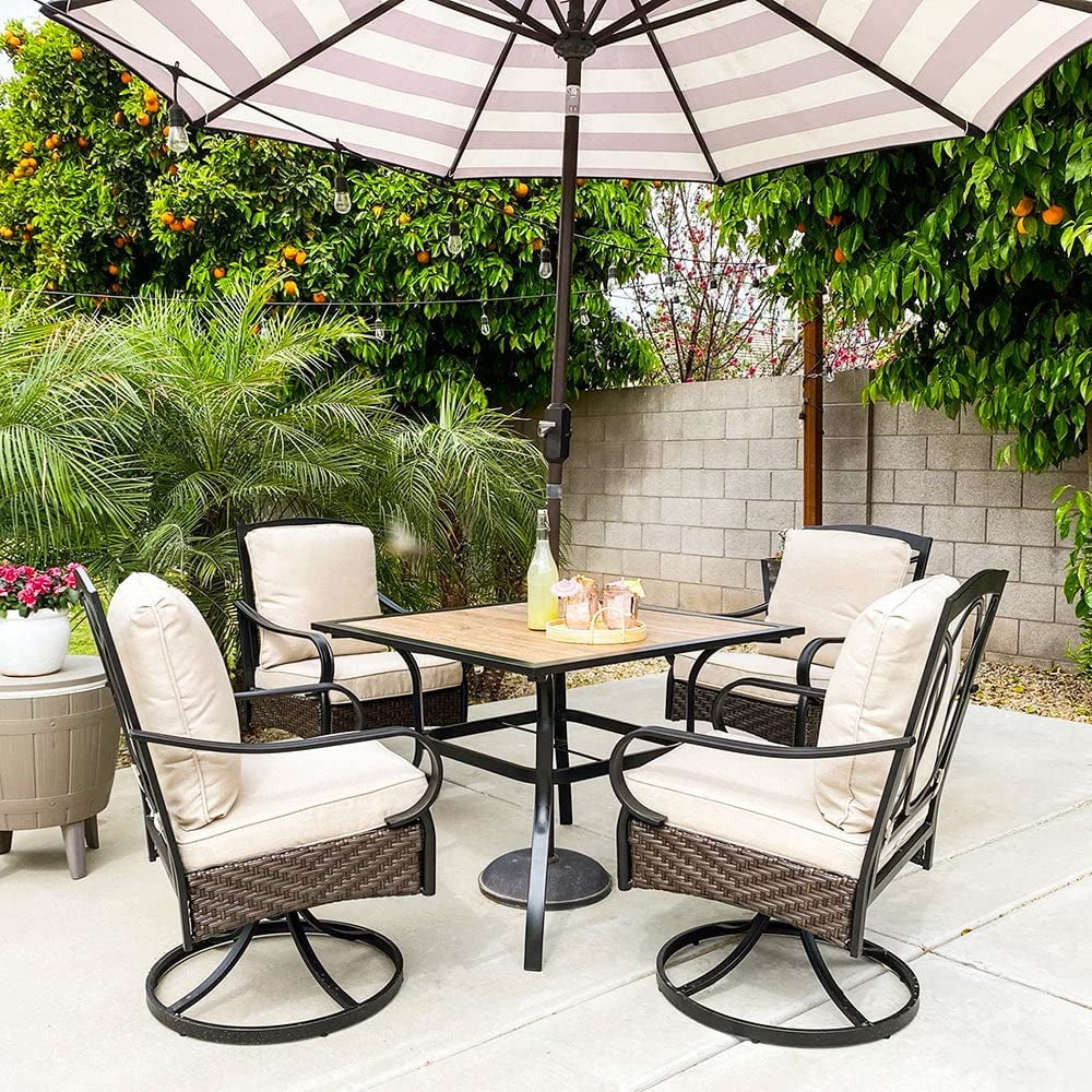 & William Patio Table and Chairs with 13ft Double-Sided Umbrella  8 Piece Outdoor Dining Furniture Set with 6 Padded Swivel Rocker Dining Chairs  1 Rectangular Metal Patio Table and 1