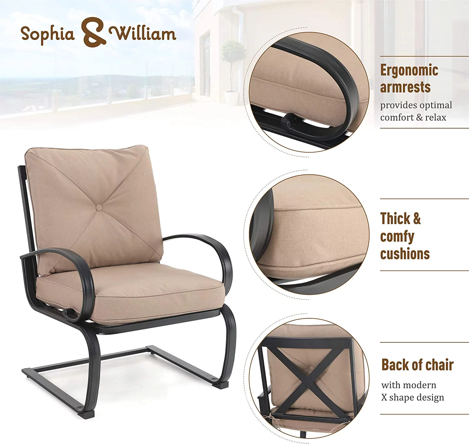 & William Patio Dining Set 9 Piece Expandable Outdoor Table Furniture Set with 8 Metal Spring Motion Dining Chairs and 1 Rectangular Bistro Deck Table with Leaf  Beige