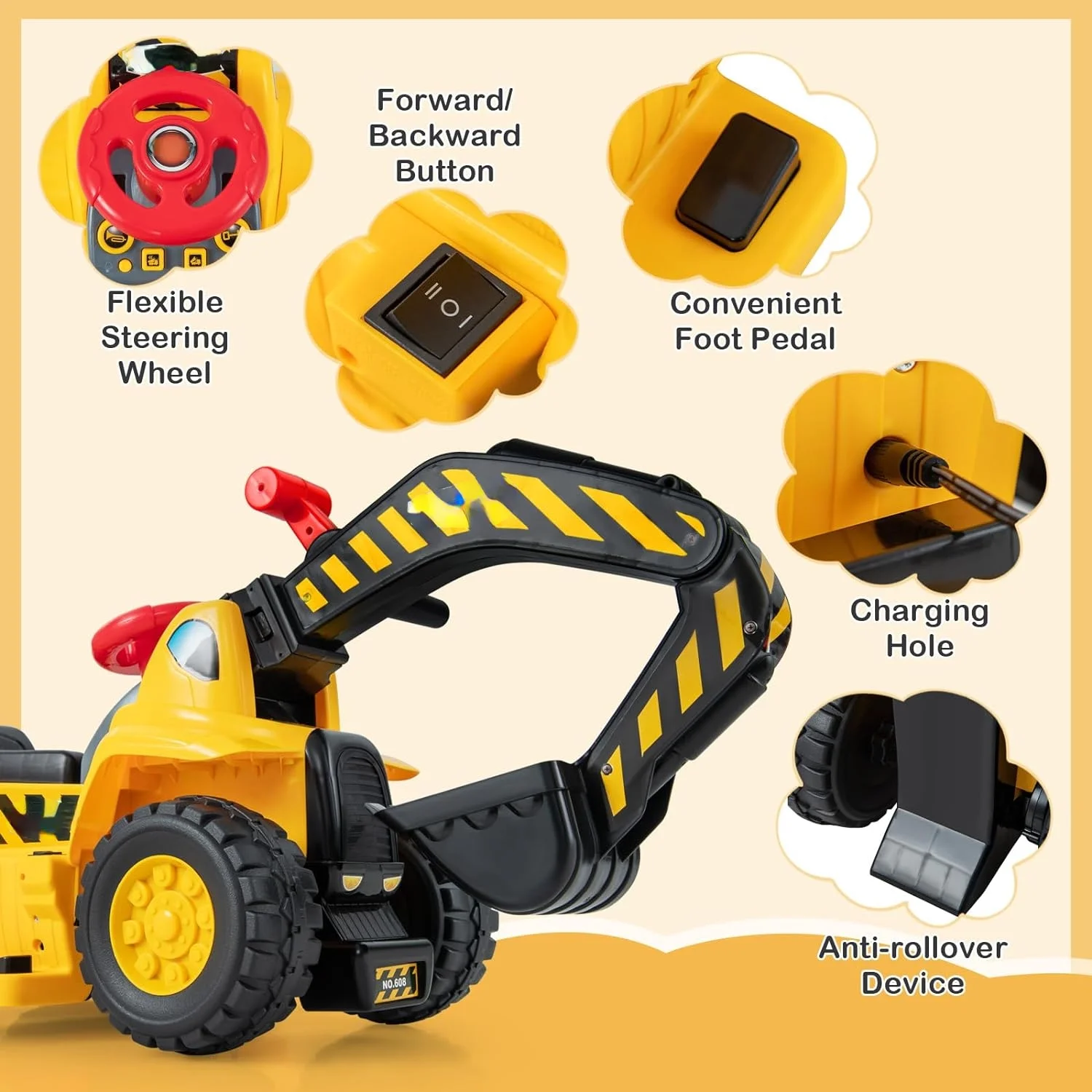6V Ride On Construction Excavator, Outdoor Digger Scooper Tractor Toy with Horn, Underneath Storage, 3 Balls & Basketball Hoop, Moving Forward/Backward, Pretend Play Ride On Truck