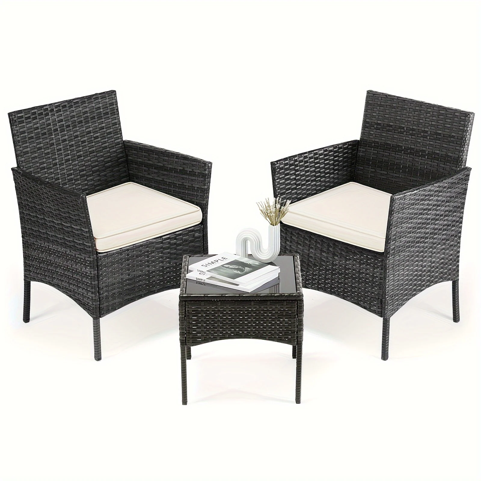 Modern Outdoor Wicker Furniture Set 3 Pieces with Coffee Table, Rattan Patio Chairs & Sofa for Garden, Terrace - Plastic - Sweetcrispy