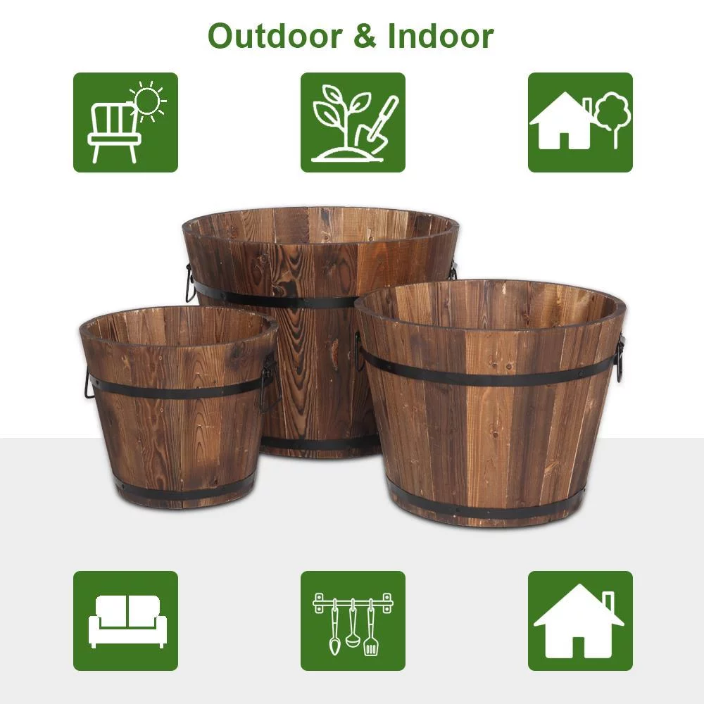 SamyoHome Wooden Bucket Barrel Planters, Rustic Patio Planters Flower Pots