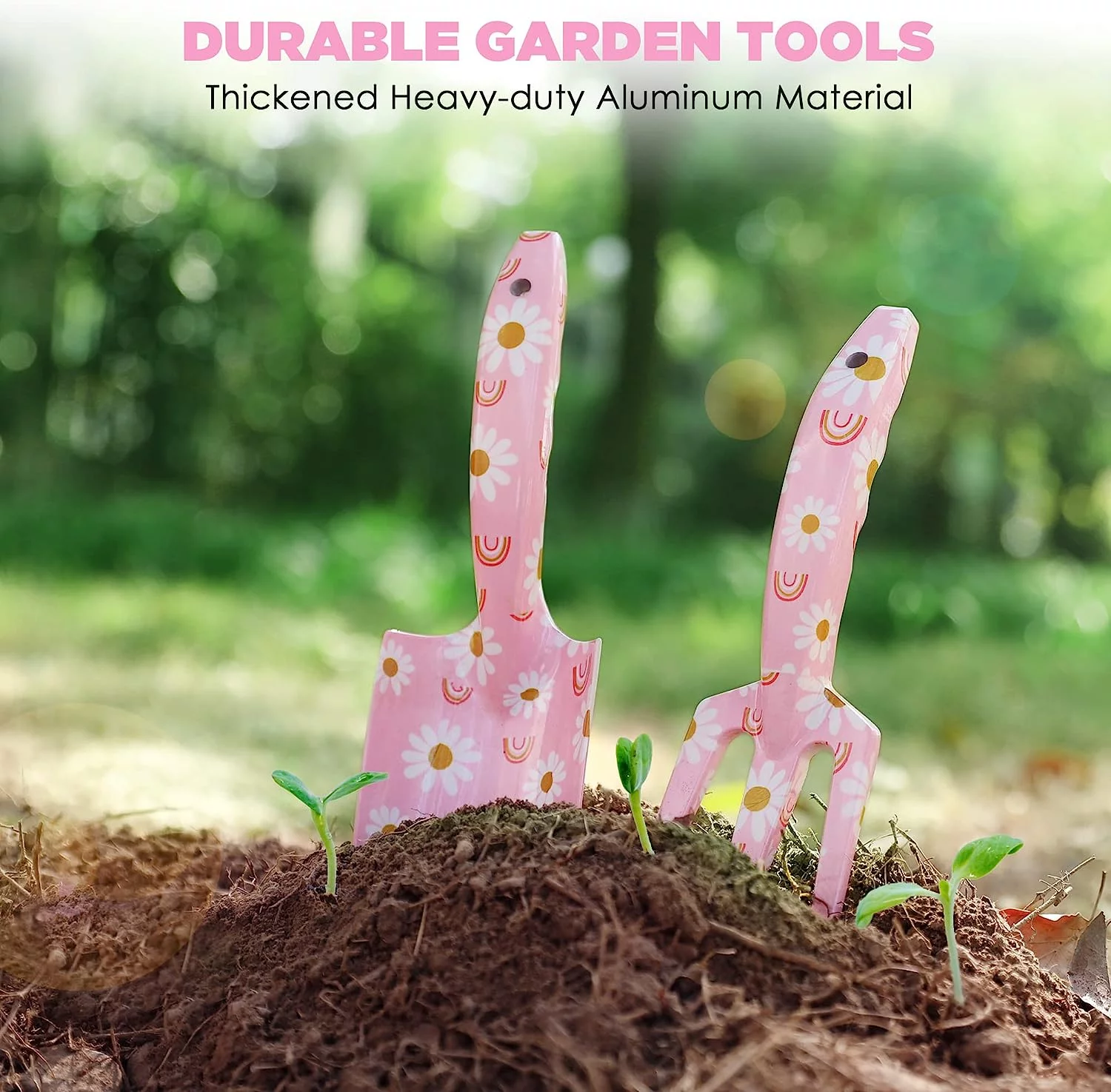 Aluminum Garden Tool Set, 4PCS Heavy Duty Hand Garden Tools with Box Include Trowel, Rake, Pruner, Garden Gloves, Pink, Garden Gifts