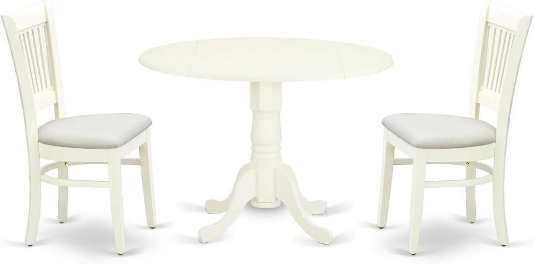Dublin 3 Piece Modern Set Contains A Round Wooden Table With Dropleaf And 2 Fabric Upholstered Dining Chairs, 42X42 Inch, Linen White