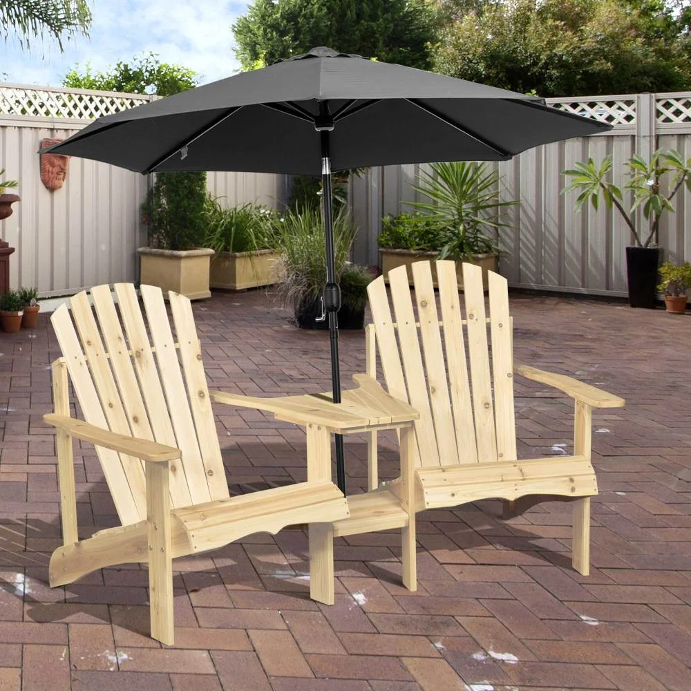 Wooden Adirondack Chair for Two, Outdoor Fire Pit Chair Set with Table & Umbrella Hole, Patio Chairs for Deck Lawn Pool Backyard, Natural