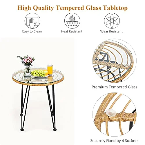 DORTALA 3 Pieces Patio Conversation Set, Rattan Leisure Chairs & Round Glass Tea Table Set, Indoor Outdoor Wicker Bistro Furniture Set with Cushions for Balcony, Poolside, White