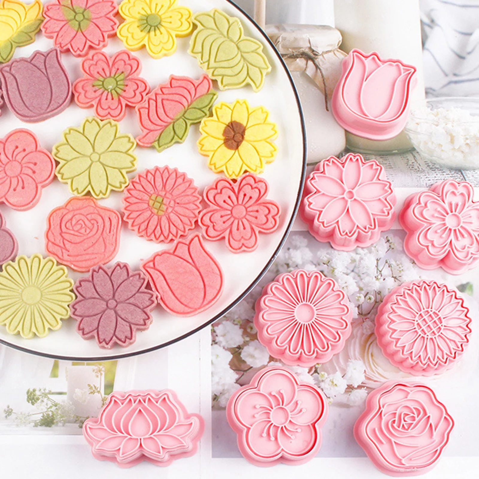 NLLSHGJ Flower Biscuits Mould Chrysanthemum Cherry Plums Cartoon Cake Baking Sugar 3d Three Dimensionals Cookie Seal Die