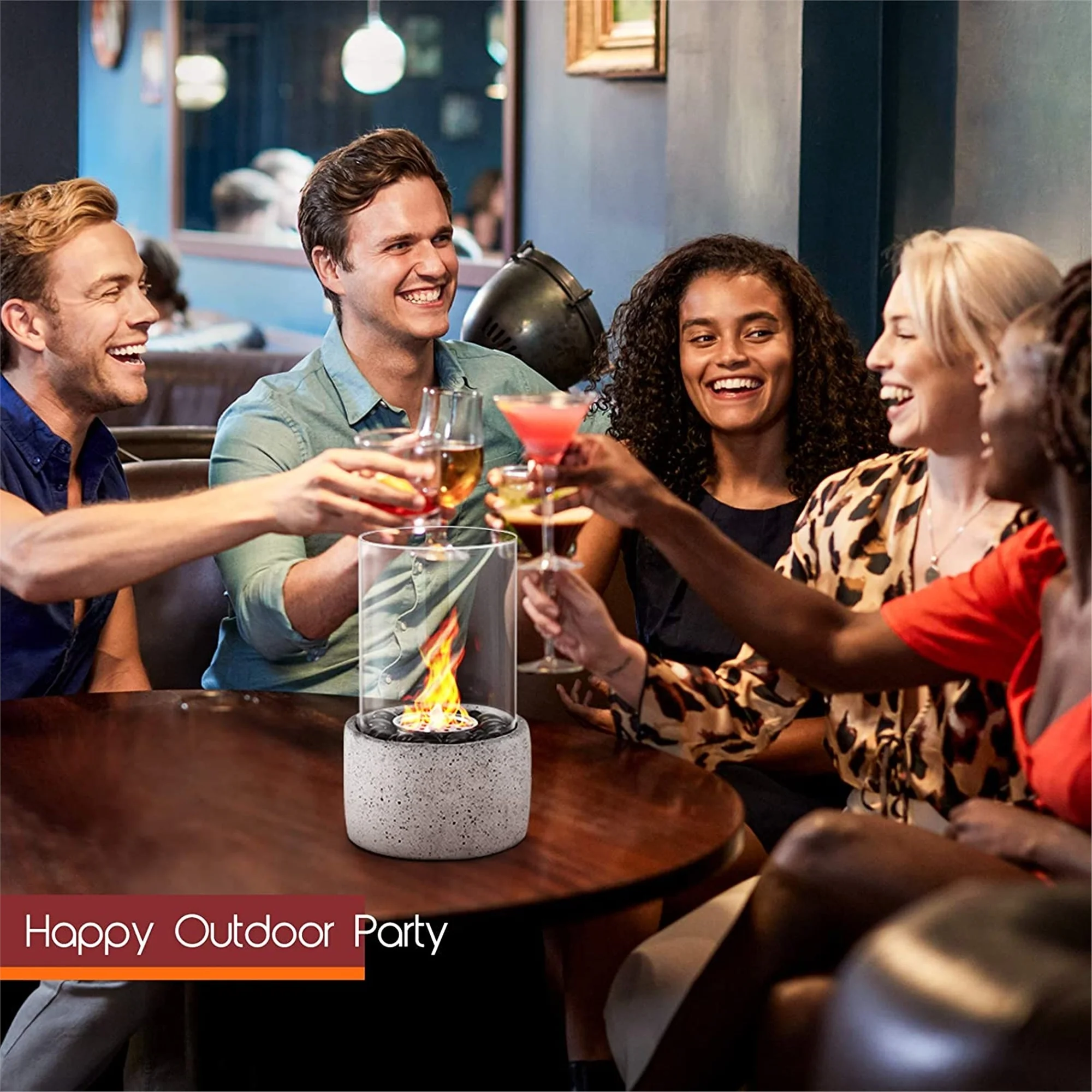 Tabletop Fire Pit, Tabletop Fireplace with Glass Stone, Concrete Material and Windproof Glass Cover,