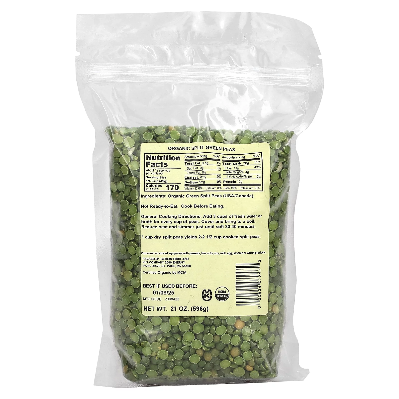 Bergin Fruit and Nut Company Organic Split Green Peas, 21 oz (596 g)