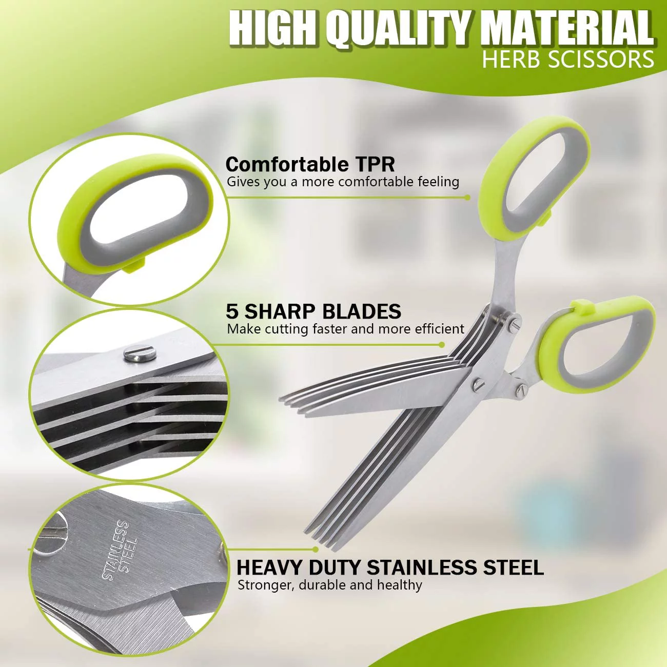 Herb Scissors with 5 Multi Stainless Steel Blades Kitchen Gadgets Cutter Safe Kitchen Gadget-Green