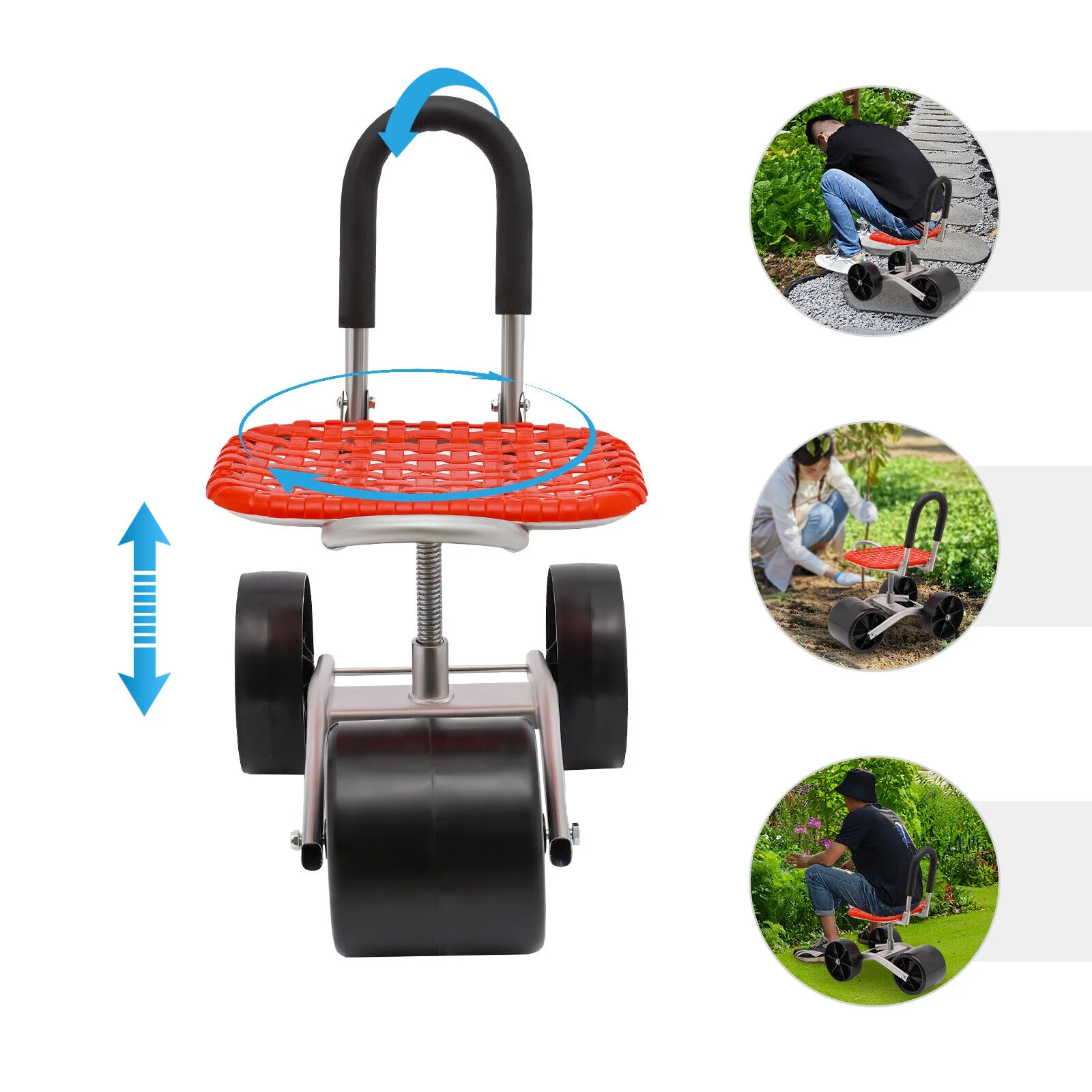 Height Adj. 360° Rotates Gardening Seats W/3 Rolling Wheels Stool Kneeling Pad