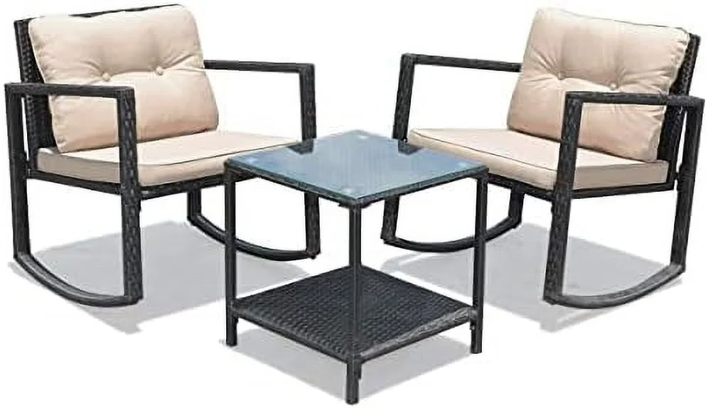 SJOPKMNH 3 Pieces Rocking  Outdoor Patio Rocking Chairs with Coffee Table  Rattan Wicker  Conversation Set for Garden Lawn Backyard Balcony
