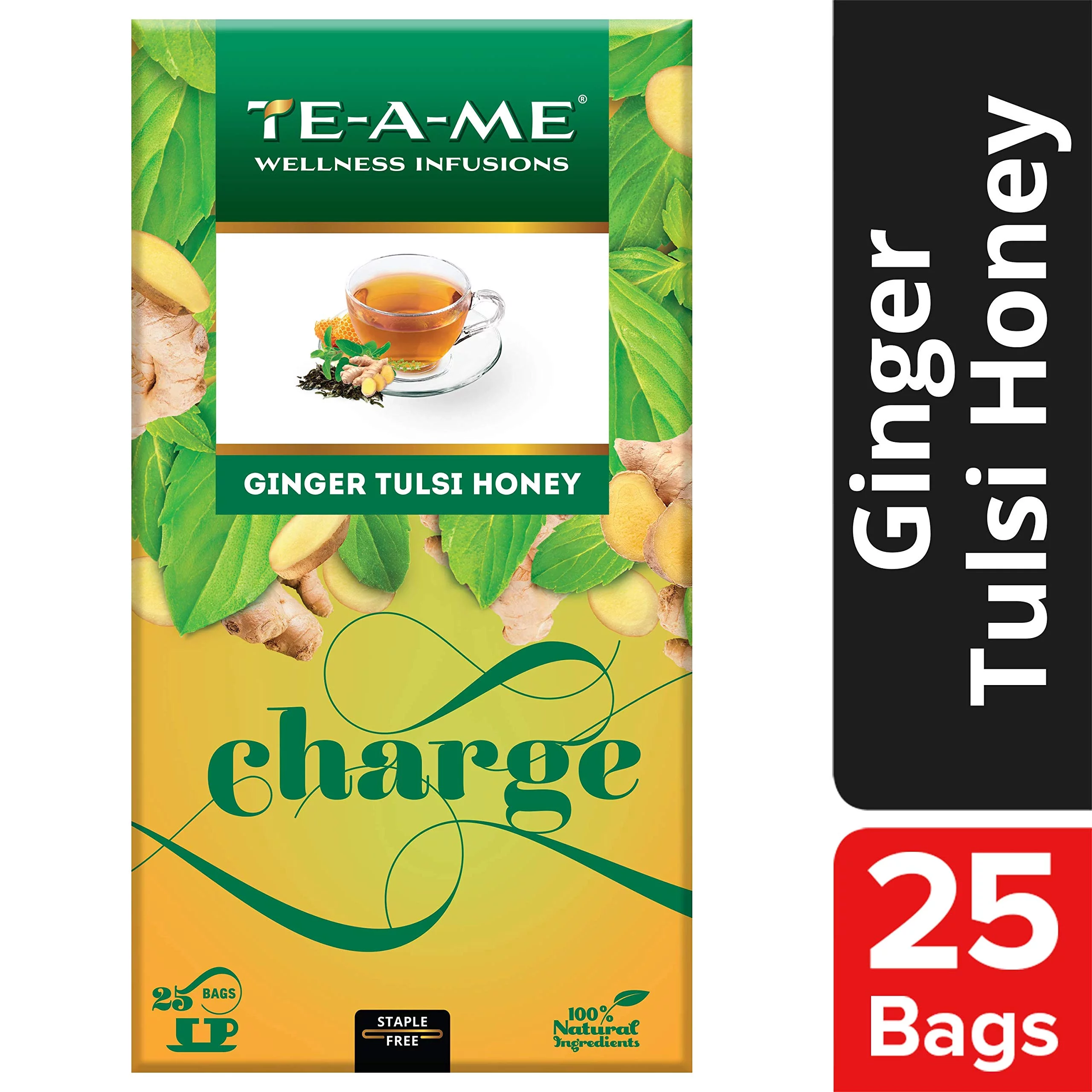 Te-A-Me Charge Ginger Tulsi Honey Herbal Infusion Tea, 25 Infusion Tea Bags | 100% Caffeine Free