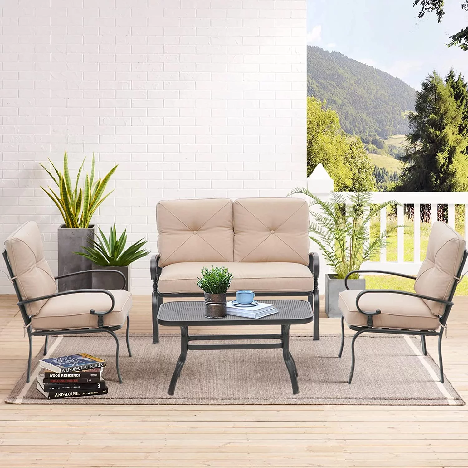 Dina 4Pcs Metal Outdoor Furniture Patio Conversation Set (Loveseat and Coffee Table  2 Dining Chair) -Wrought Iron Patio Chair Set with Cushions (Brown)
